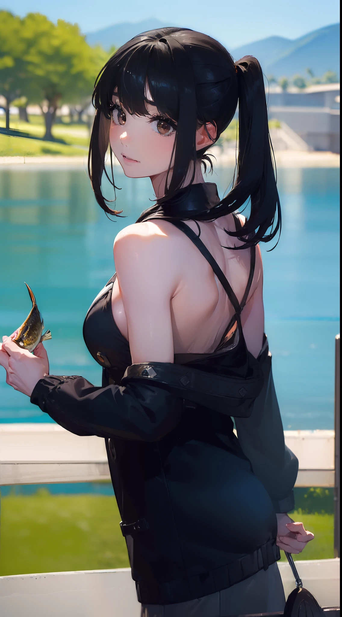 ((((Catch a big black bass by the lake:1.5)))),((1 female 28 years old))((Best Quality:1.5)),(((Hands with the correct number and structure of fingers:1.4))),(Large fish),hight resolution,ultra-detailliert,masterpiece,best qualtiy,poneyTail,Black hair, long eyeslashes, Solid Circle Eyes, drop shadow, Atmospheric perspective,Super Detail, ccurate, small brest,(Black jacket :1.1),top-quality, blurry backround, bokeh dof:1.2, (masterpiece:1.3), Atmospheric perspective,Super Detail,dynamic compositions,top-quality、masterpiece、Very beautiful CG、finely detail、masterpiece
