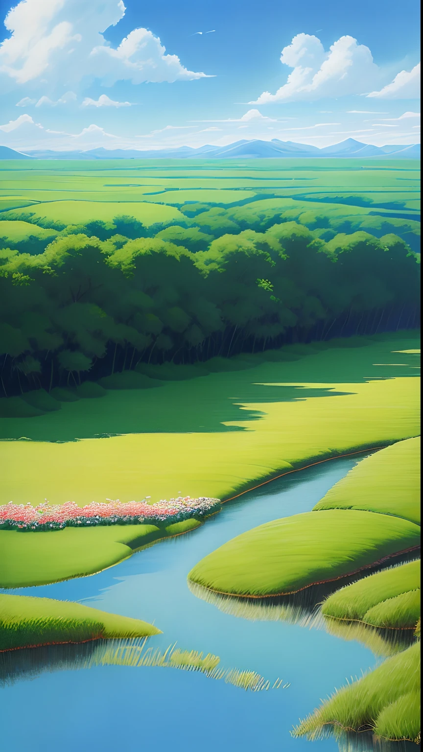 Realistic, authentic, beautiful and amazing landscape oil painting Studio Ghibli Hayao Miyazaki's petal grassland with blue sky and white clouds --v6