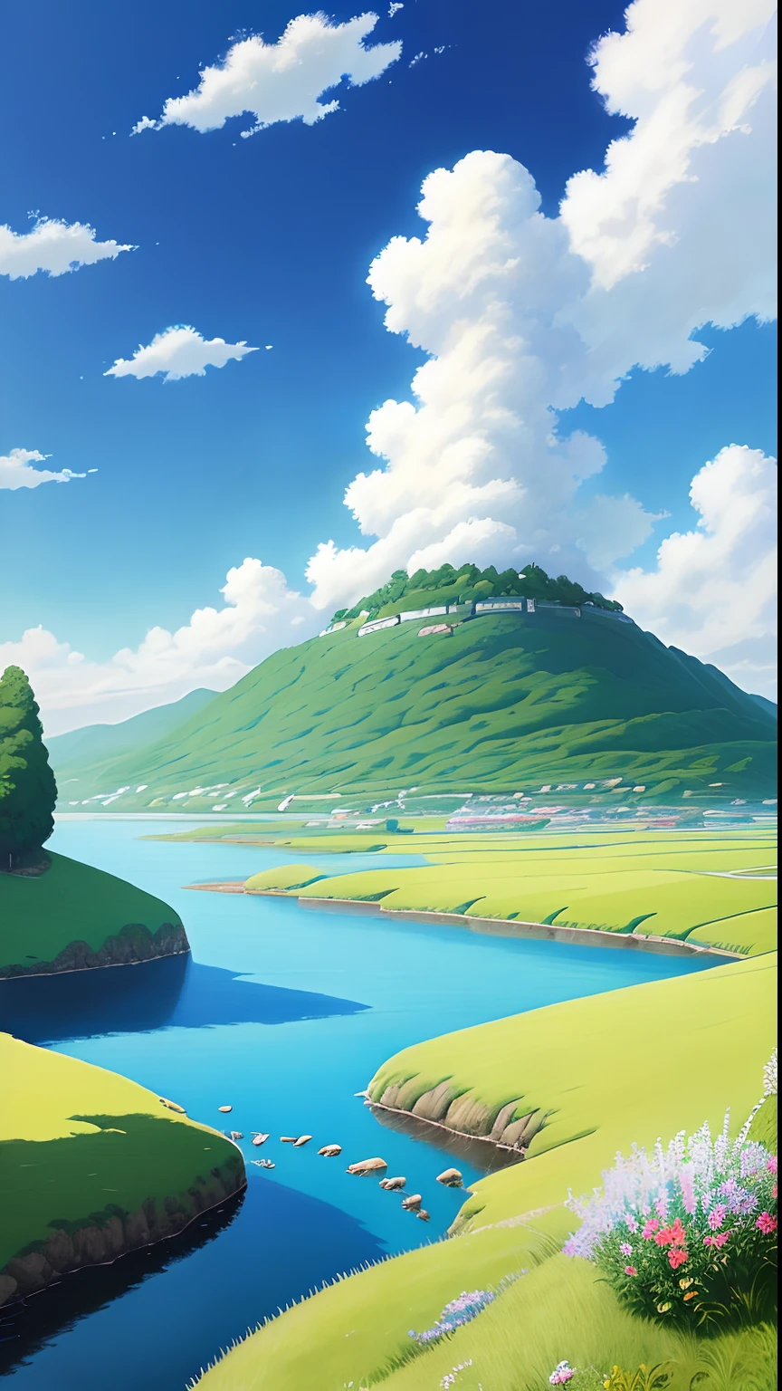 Realistic, authentic, beautiful and amazing landscape oil painting Studio Ghibli Hayao Miyazaki&#39;s petal grassland with blue sky and white clouds --v6