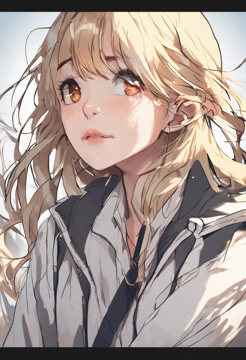 a blond、Long、infp young woman、Facing the front、white backgrounid、wearing white t-shirts