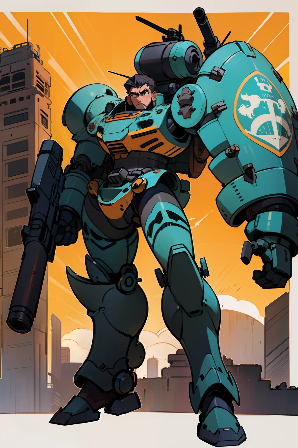 Design a military heavy mech armor with a design similar to Reinhardt of Ovewach, take inspiration from the Aztec jaguar knight, the armor is bigger than the wearer, imposing, color inspired by the Mexican jaguar, energy shield, heavy weaponry, mechanical elements of the servo armor, hydraulic elements of the servo armor, jet turbines on the back, full body, city in ruins, anime style, extremely detailed, extremely robotic, pilot medium head, large body armor, colors allusive to the jaguar with brown spots print Black-haired, young male pilot