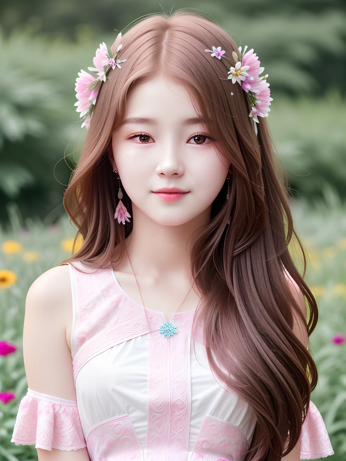 (Nancy McDonie), best quality, masterpiece, highres, 1girl, transparent silk china dress, beautiful face, hair ornament, looking at viewer, smile, closed mouth,lips, dress,hair ornament, necklace, jewelry, long hair, earrings, Beautiful face,upon_body, tyndall effect,photorealistic, dark studio, rim lighting, two tone lighting,(high detailed skin:1.2), 8k uhd, dslr, soft lighting, high quality, volumetric lighting, candid, Photograph, high resolution, 4k, 8k, Bokeh(ultra-detailed background, detailed background), absurdres, highres, ultra detailed, extremly detailed, 1girl, (bunch of flowers:1.3), (zentangle:1.2), (geometric:1.2),(colorful),