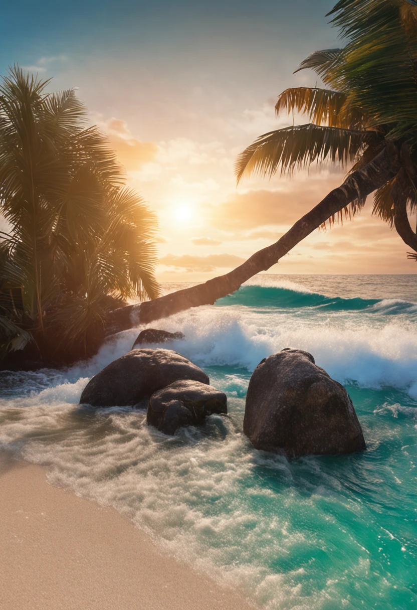 playa paradisiaca, colores de agua turquesa, arena blanca, palmeras con cocos, unico, con loros de colores, hiperrealista, detalles, 8k, cinematografico