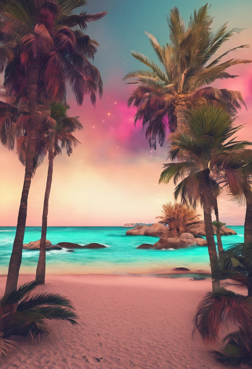 playa paradisiaca, colores de agua turquesa, arena blanca, palmeras con cocos, unico, con loros de colores, hiperrealista, detalles, 8k, cinematografico