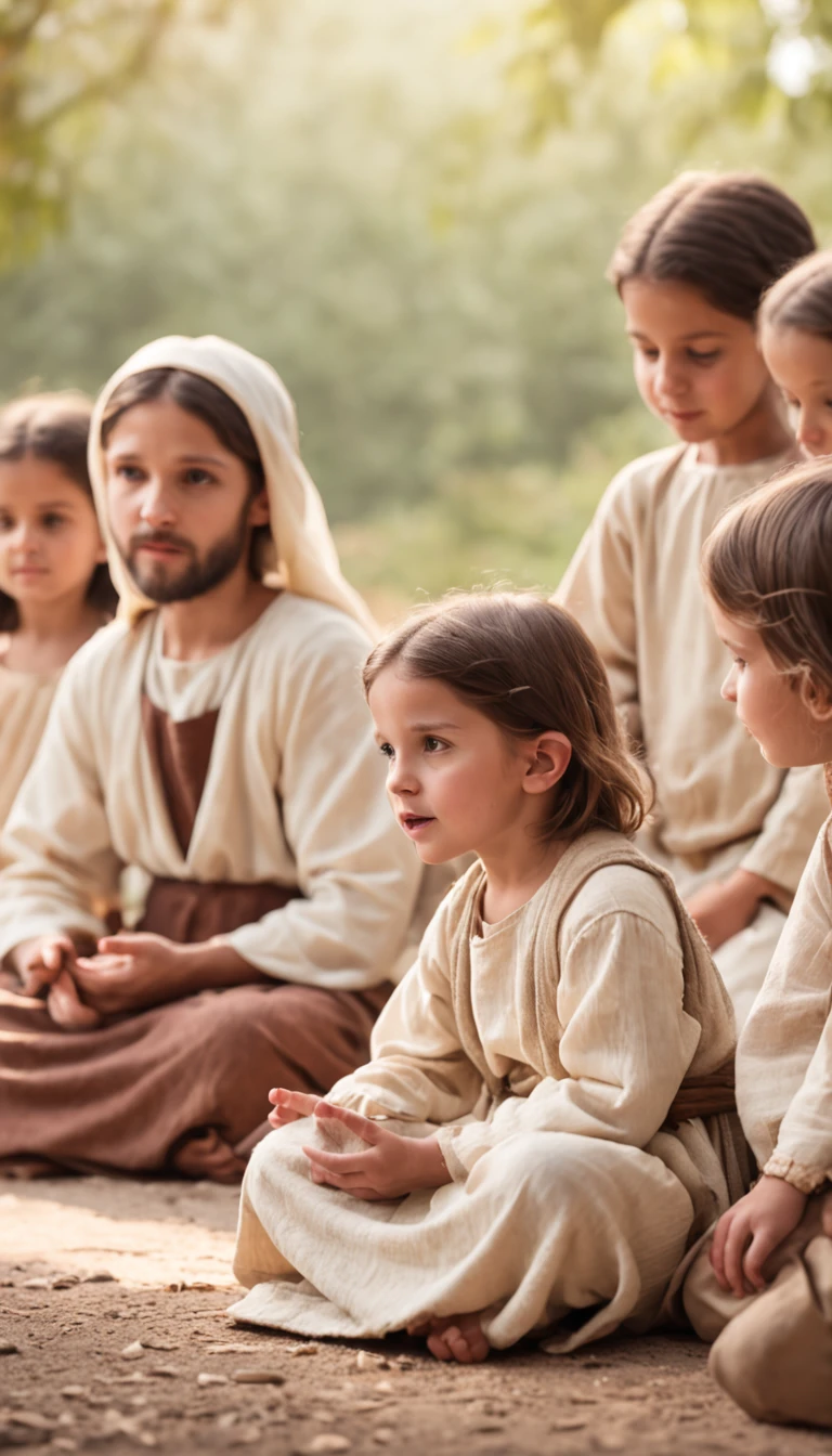 Kindly, Create images of several children sitting on the floor, Listen attentively as Jesus tells them Bible stories. Children should be happy and involved, Watch in awe as Jesus shares stories. Jesus could sit or stand, dressed in biblical times clothes, The expression is soft and charming. The scene should convey an atmosphere of calm and learning, Refer to the details of the historical environment. The child's expression should reflect joy and genuine interest in Jesus' words. Kindly, This image was created to capture the eternal moments of teaching and connection between Jesus and children through biblical stories."