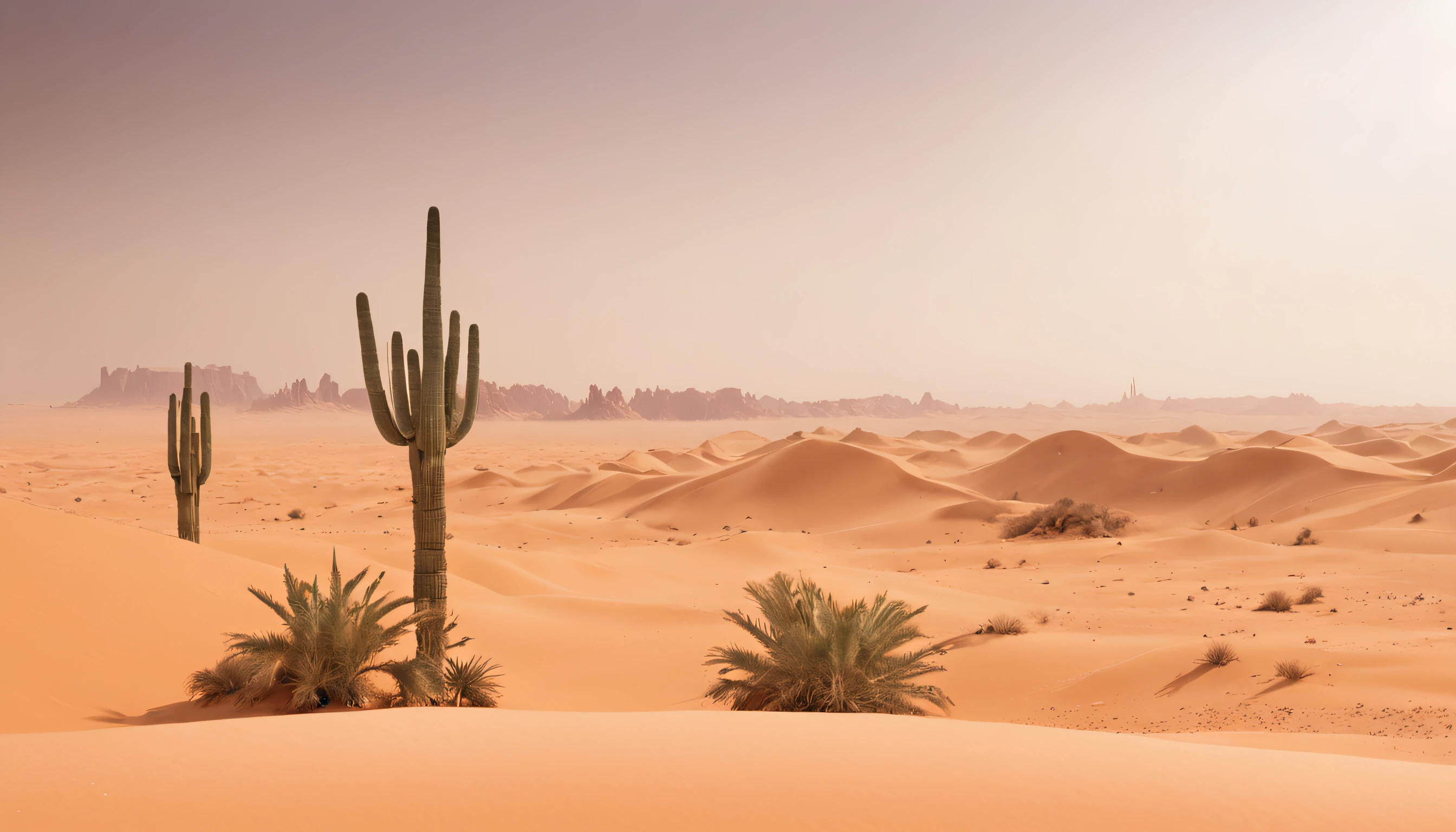 concept-art ((Vast desert)),oasis in the desert.Desert cactus ,sprawling,Empty,(Sand),(NOhumans),desolated,blurryforeground,depth of fields,k hd,Detailed details,Best picture quality,Light and shadow effects,Movie special effects, Digital artwork, illustrated, painting of a, Matte painting, Highly detailed,A mirage in the distance