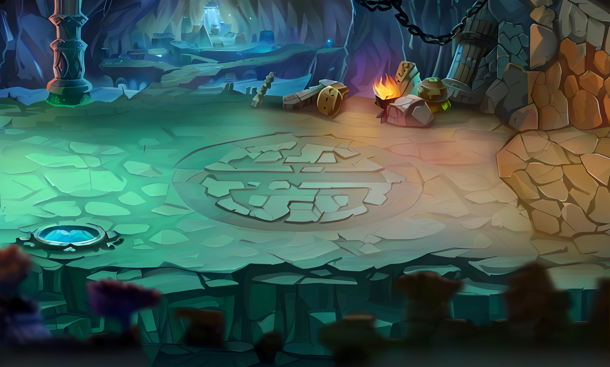 There is a cartoon scene of a cave with fire, odin's stone arena background, dungeon background, arena background, background artwork, 2 D game art background, magical battlefield background, arte de fundo, ancient ruins background, Cave background, magical battlefield backround, painted as a game concept art, in a dungeon background, Stylized game art, Mobile game background