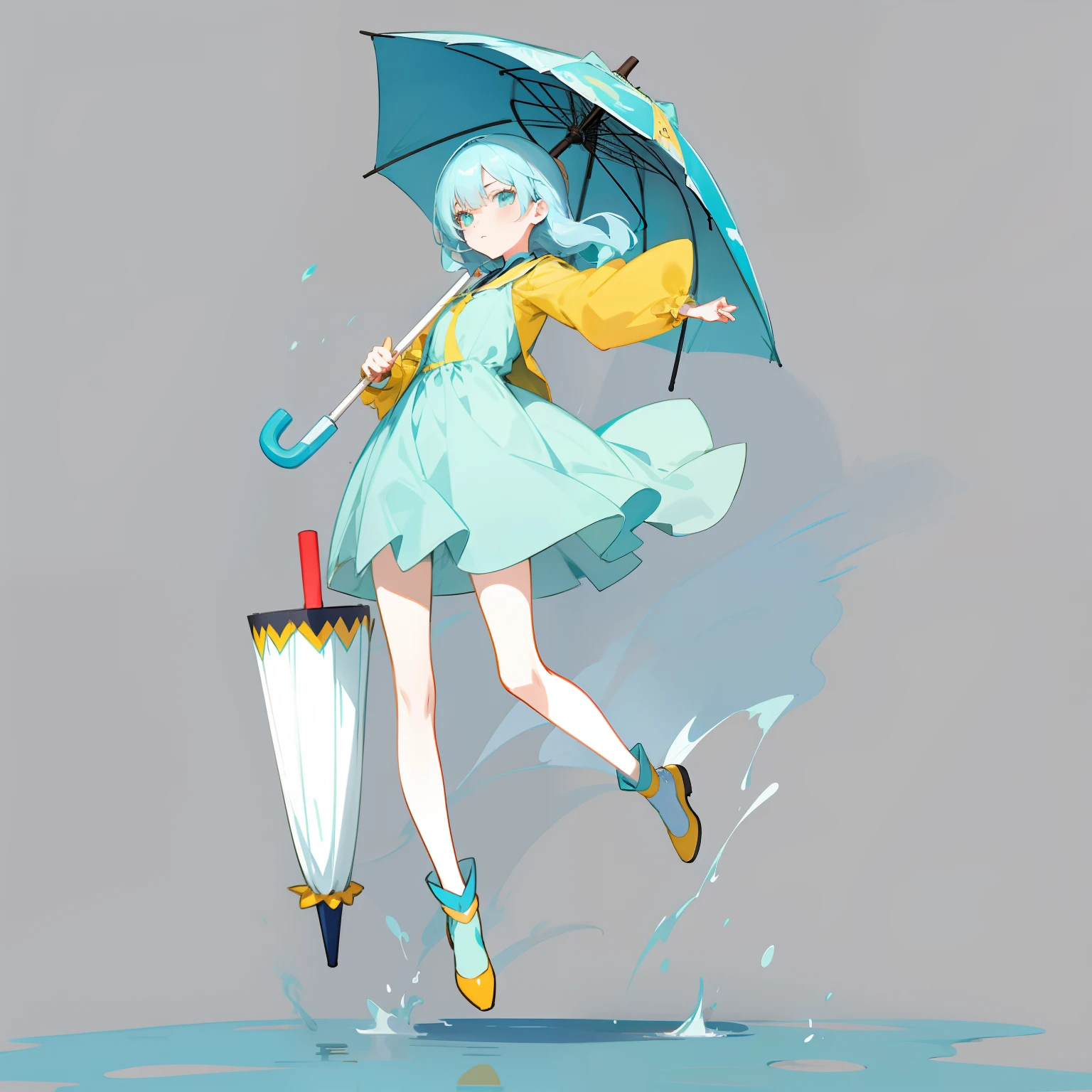 Anime girl in blue dress holding umbrella and yellow shirt, 2 d anime style, [ conceptual art ]!!, [ Character design ], Anime girl with teal hair, colored sketch, windy day, sona is a slender, Colorful! Character design, author：Uesaka Seka, inspired by Lois van Baarle, with teal clothes, **** in dress