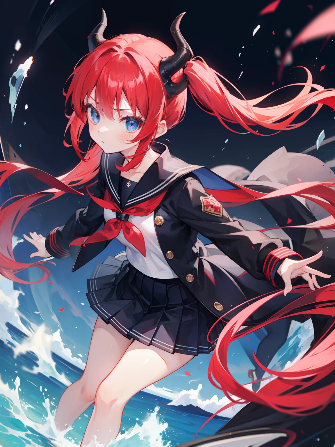 red hair, blue eyes, twintails, Sailor suit,black coat, Dragon horns,Pleated skirt,solo,loli,cute,bow