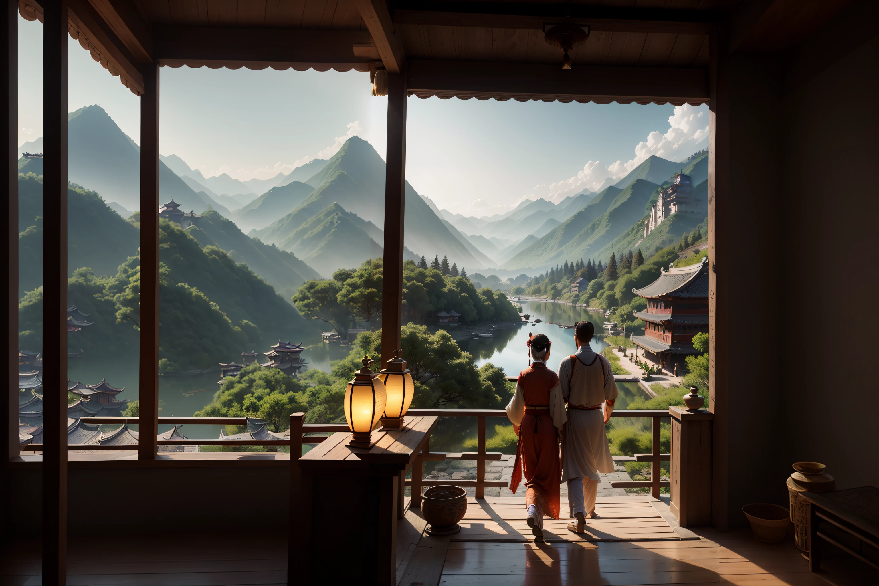 There were two people standing on the porch, dreamy Chinese towns, Cinematic. author：leng jun, matte painting portrait shot, Beautiful rendering of the Tang Dynasty, Wuxia, exquisite matte painting, high quality matte painting, Chinese landscape, 3d rendered matte painting, inspired by Raphael Lacoste, matte painting in fantasy style, realistic matte painting