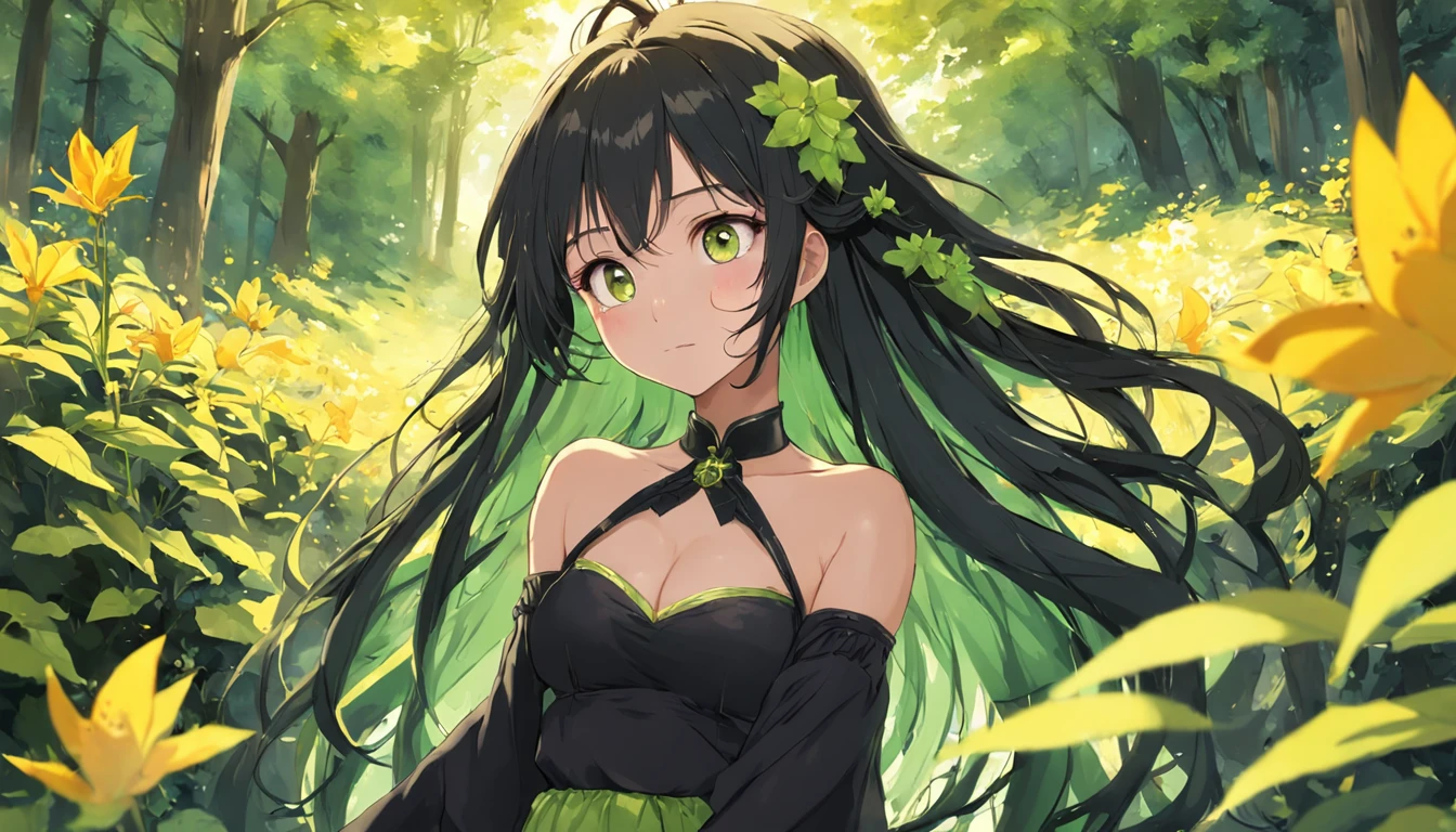 cabelos preto e longos,Girl with flowers in front of the window,in woods,ssmile,Yellow-green mixture,Flapping hair,White Sling Set,耳Nipple Ring,green leafs,chime,best qualtiy,8K,textured skint,gentlesoftlighting,watercolor paiting、white blossoms