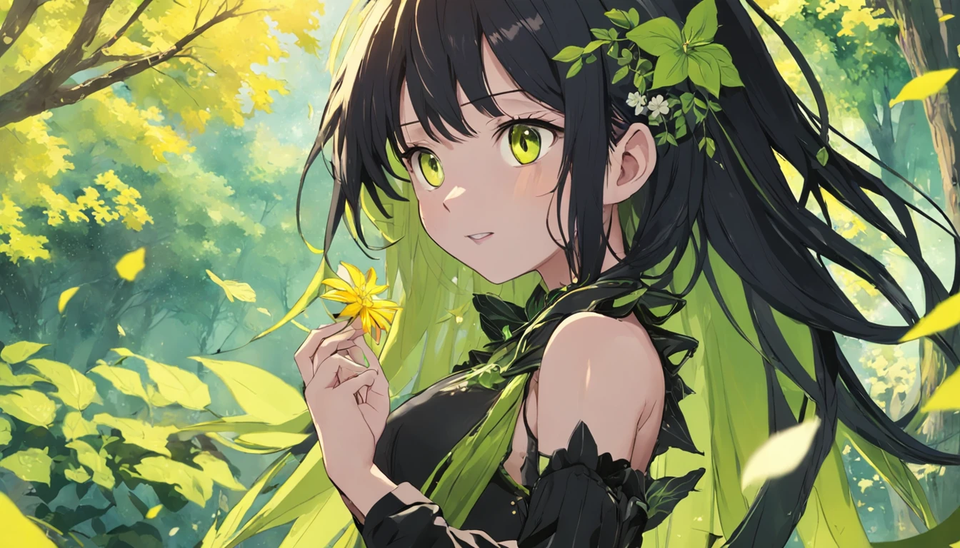 cabelos preto e longos,Girl with flowers in front of the window,in woods,ssmile,Yellow-green mixture,Flapping hair,White Sling Set,耳Nipple Ring,green leafs,chime,best qualtiy,8K,textured skint,gentlesoftlighting,watercolor paiting、white blossoms