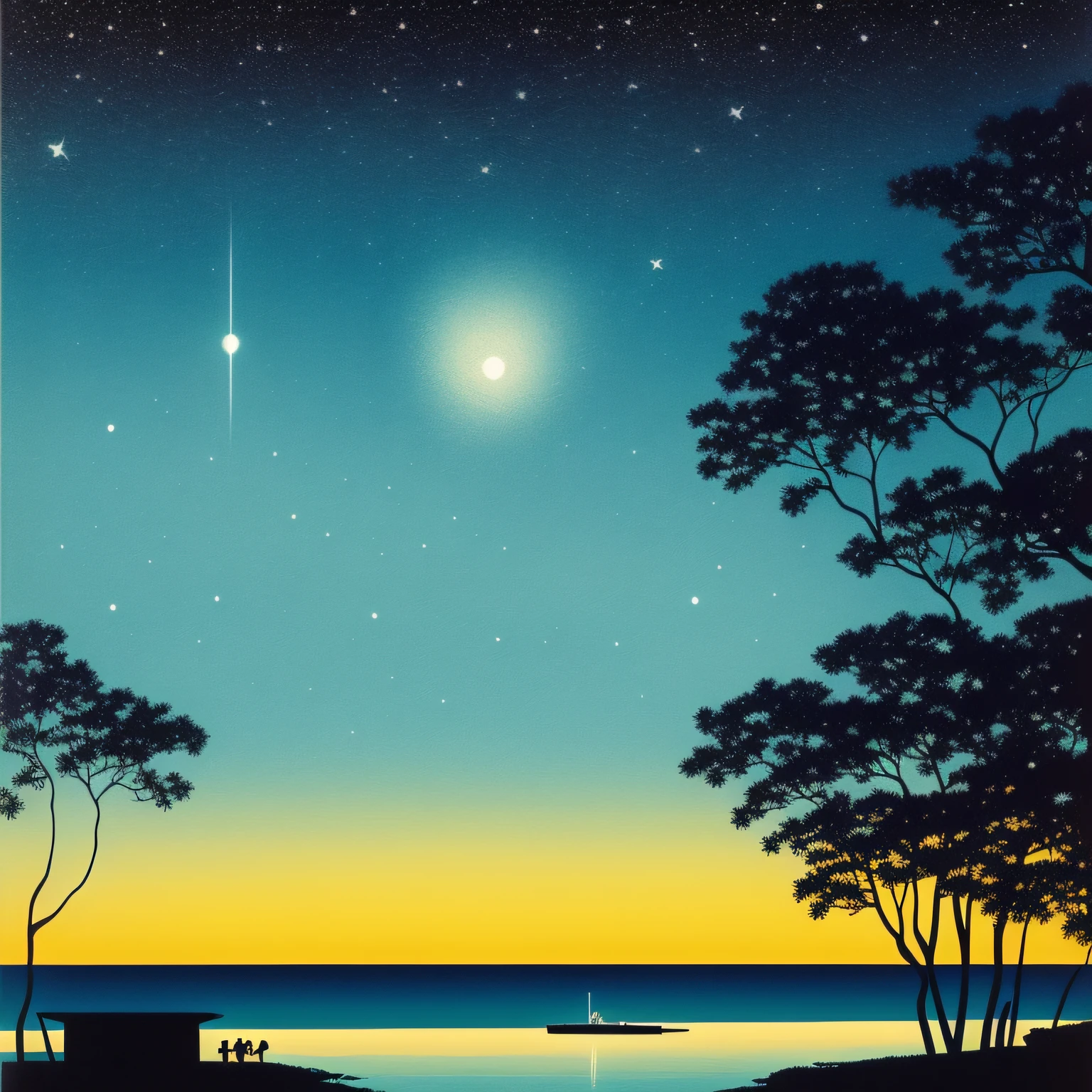 Seaside at night,palmeiras,bldrnrst,Planes,There are stars in the sky,2D,Hiroshi Nagai