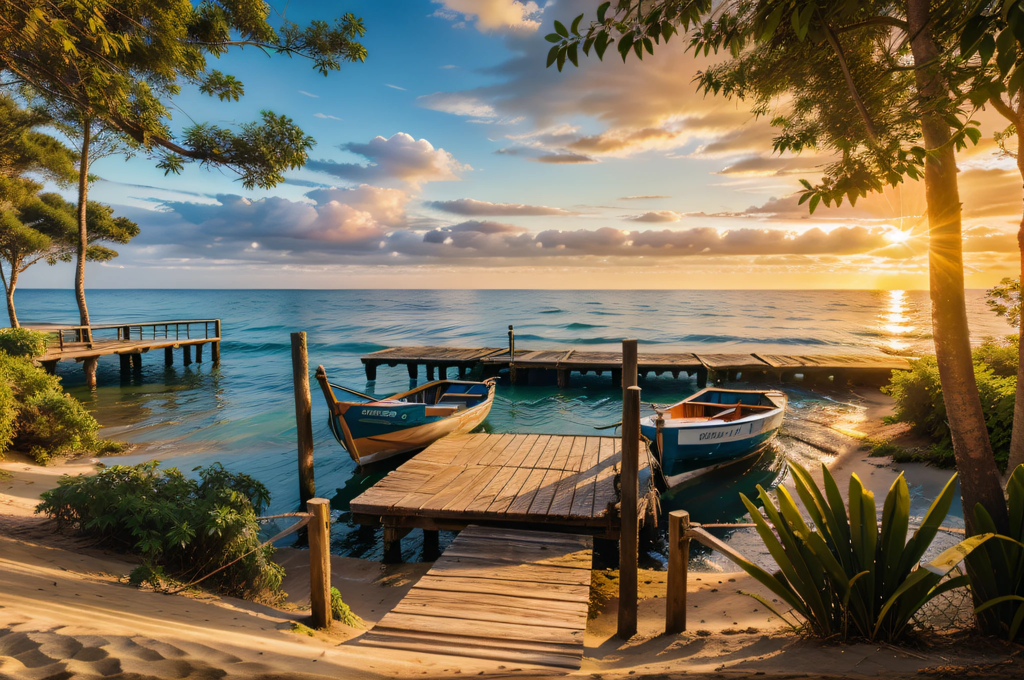 Forest trails, Sand, Sunlight shines through the leaves, Pure seawater, Calm atmosphere, Small wooden pier by the sea,small boats,Sunset, Beautiful painting style, Natural views