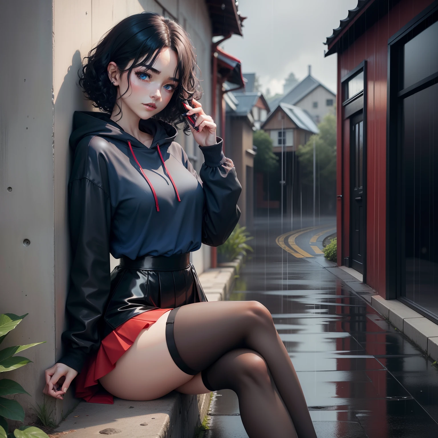 Red top with hood。a black skirt。black lence stockings。high-heels。Bring headphones。blue color eyes。Short black curly hair。Hold a pen in your left hand。Hold the phone in your right hand。leaning back against the wall。with intense rain。