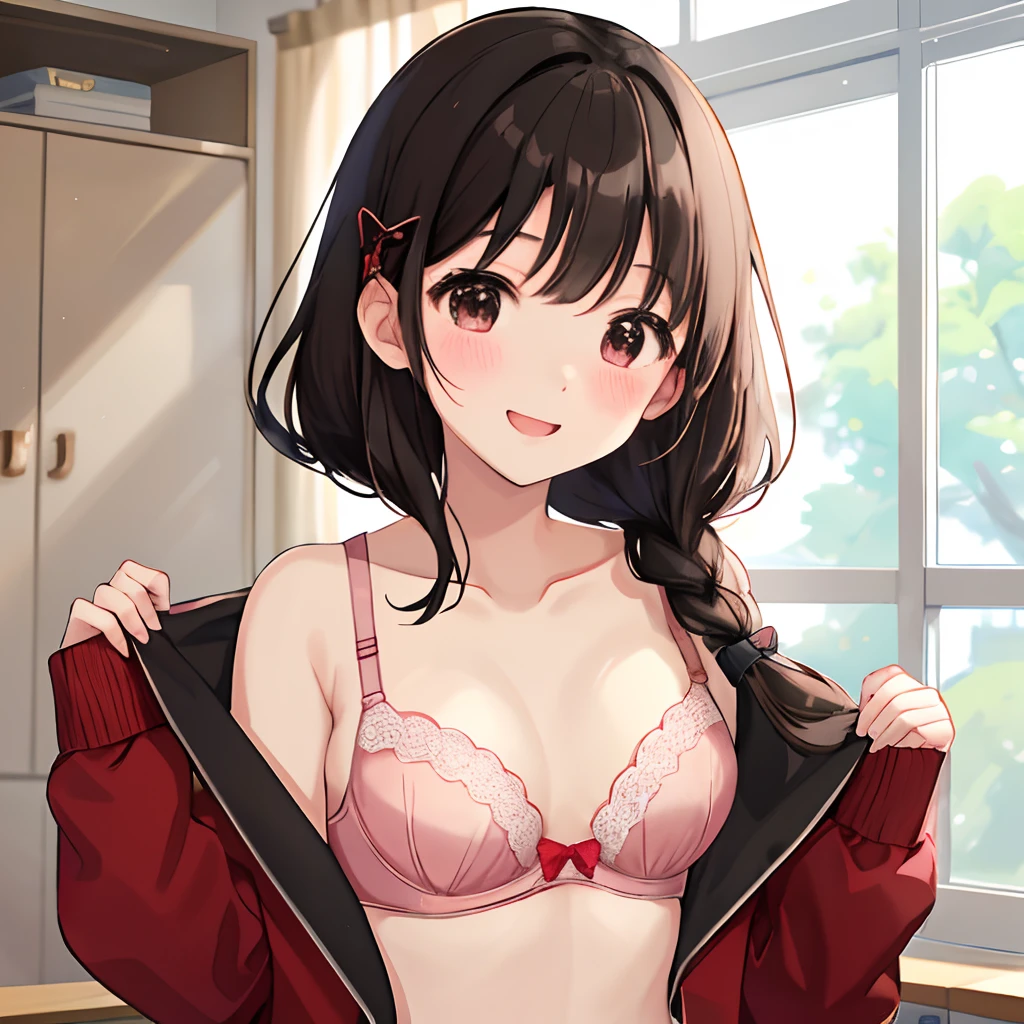 younger sister、Cute bra、8K、top-quality、14years、looking in camera、Red cheeks、student clothes、embarrassed from、Delicate hand、At home、Love my brother、A dark-haired、bobhair、showing off breasts、Take off your clothes and show off your breasts、Chest protruding pose、Eyes are hearts、Grinning、student clothes、a junior high school student、animesque