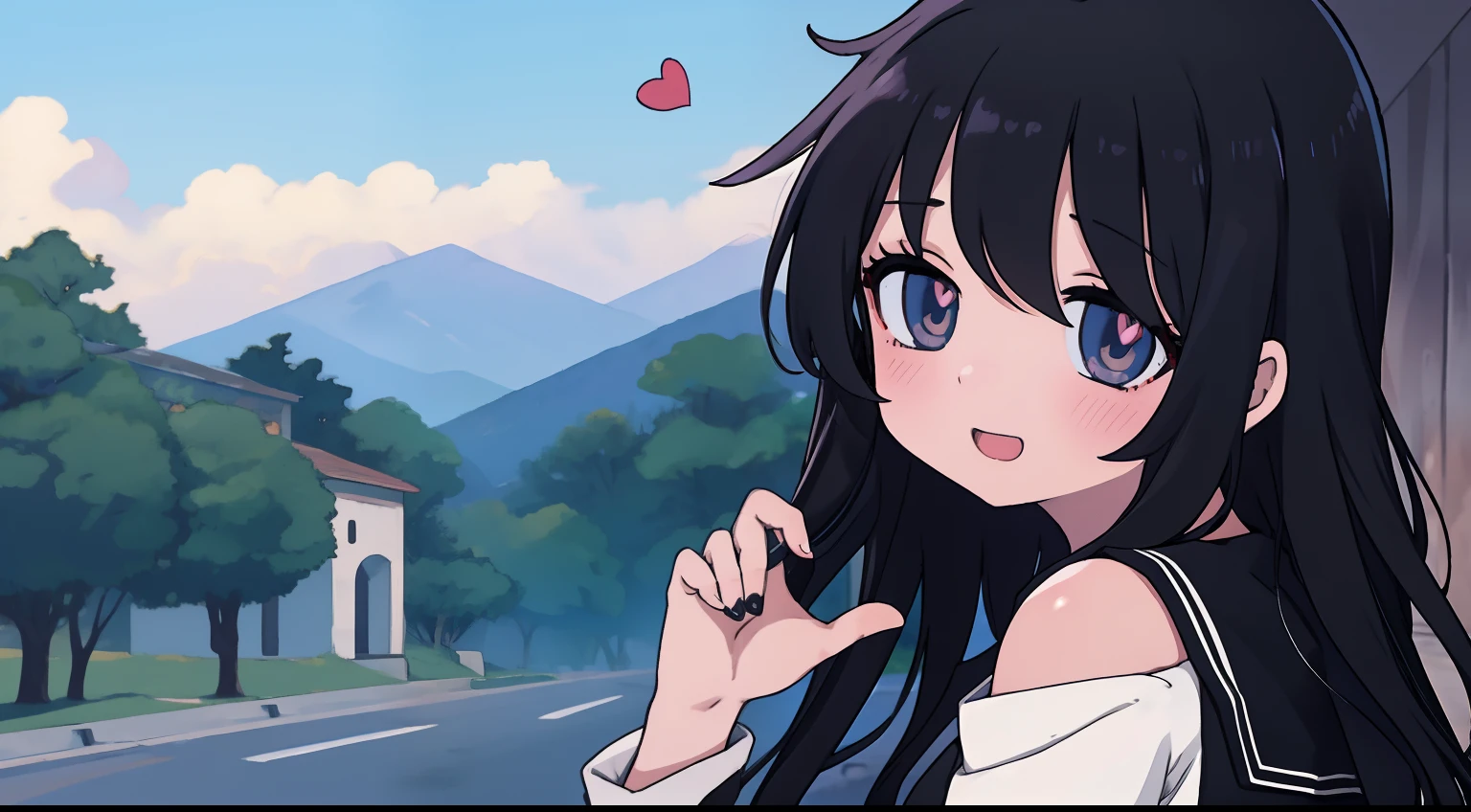 anime girl with long black hair, black dress, outdoors, dream, nerveus, love, happy, eyes heart shape, blush, from side