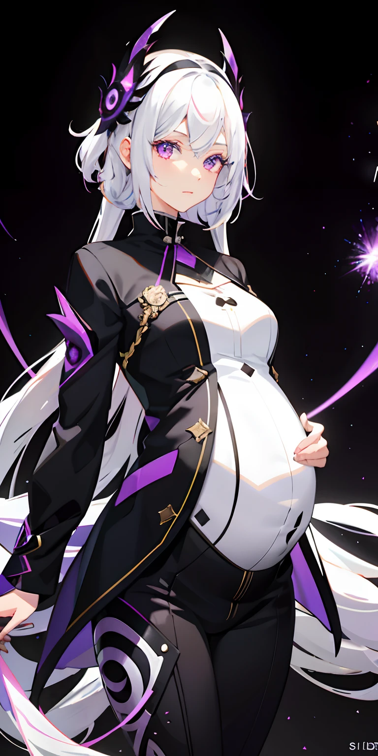 1girl, white hair, multicolored hair, purple eyes, mask on head, sidelighting, light particles, wallpaper, pregnant