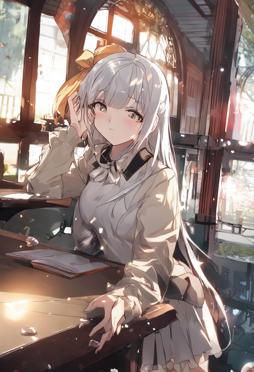 porate、(School uniforms)、bright expression、poneyTail、young and shiny white shiny skin、Best Looks、Gold reflects light、black color hair、Hair is shiny、Super long silky straight hair、Beautiful bangs that shine、Sparkling crystal clear and charming large dark brown eyes、Very nice and lovely 16 year old girl、Lush bust、With slit、((full body seen))