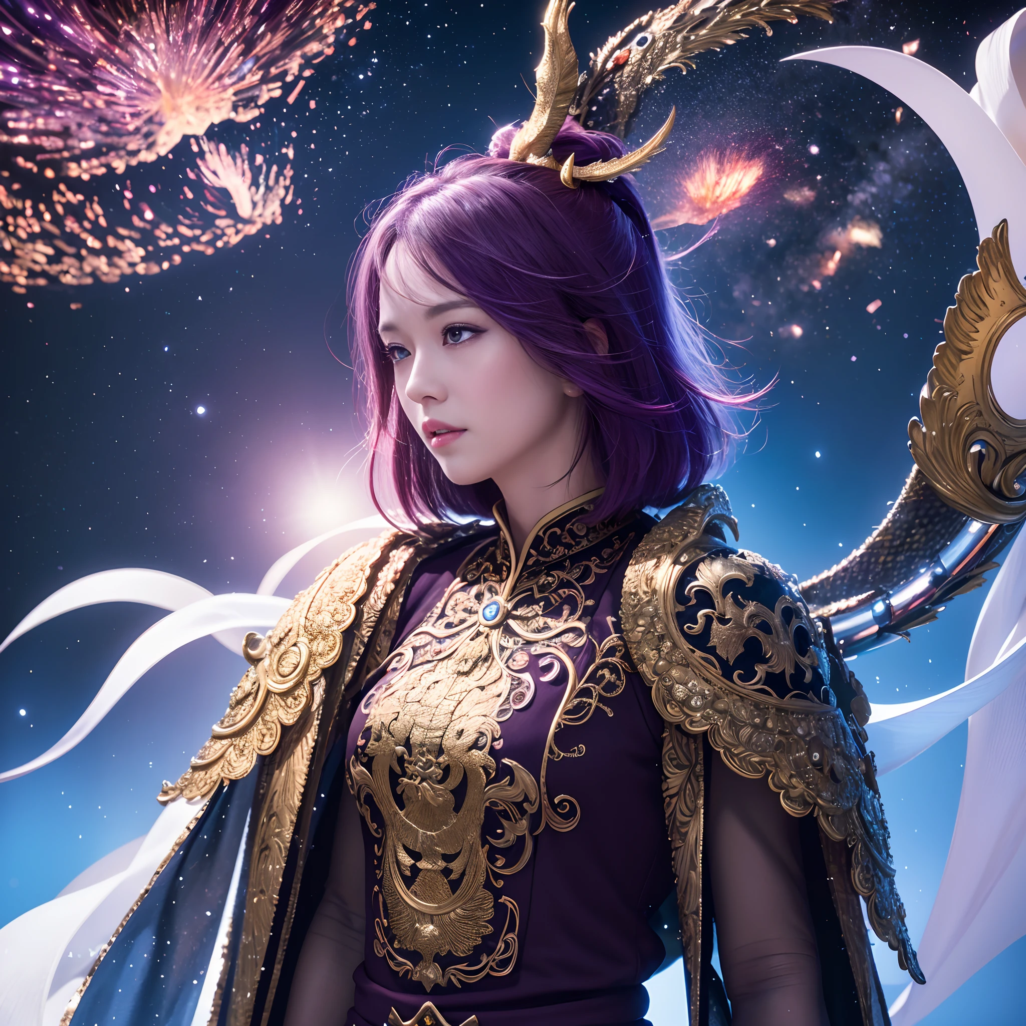 16k（tmasterpiece，k hd，hyper HD，16k）short detailed hair，Backroom pond，Snow circle love goddess，Two Golden Dragon Protectors（realisticlying：1.4），Python robe，Purple apron，Snowflakes fluttering，The background is pure，A high resolution，the detail，RAW photogr，Sharp Re，Nikon D850 Film Stock Photo by Jefferies Lee 4 Kodak Portra 400 Camera F1.6 shots, Rich colors, ultra-realistic vivid textures, Dramatic lighting, Unreal Engine Art Station Trend, Cinestel 800.