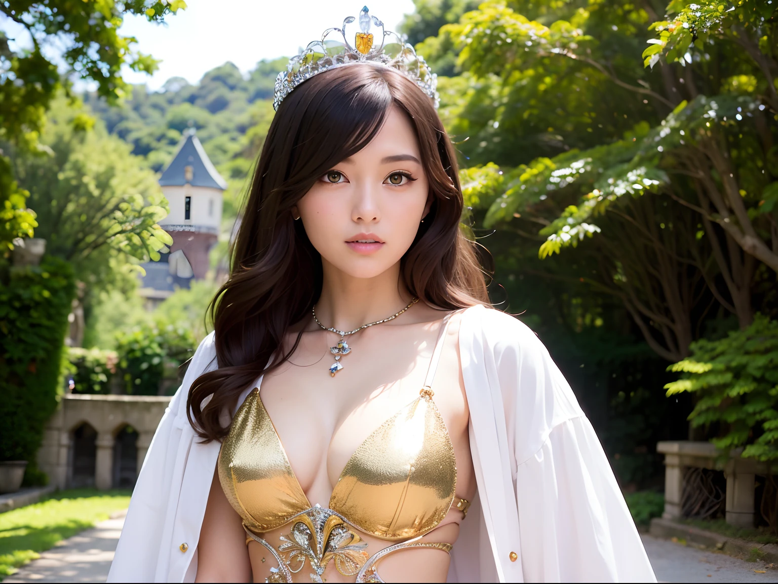 (masutepiece), Professional , ​masterpiece、top-quality、photos realistic , depth of fields （Gemstone Silver Metal Body:1.９),(Matte White、Jewel Gold Weapon、（Gorgeous castle background）、（ultimate beauty girl）、（Jewel Metal Body:1.４),Gorgeous Jewel Metal Weapons , Detailed Sword of the Brave ,（ Soldier background in metal armor）   ,warhammer 40k , adepta sororitas,Detail and ornate jewel crown、独奏、Black hair、（Gangle's forest background）、Beautiful Caucasian beauty、１a person、dynamic ungle,(((Diamond tiara with detail and luxury)))、a small face、A smile、Powerful poses、（Gorgeous castle background）、huge filesize、20 year old beautiful woman、Stand in the center of the screen、Thin female fingers、Straight long hair、Beautiful Caucasian beauty、Whole body、,Luminescent particles,light scattering,Tindall Effect、