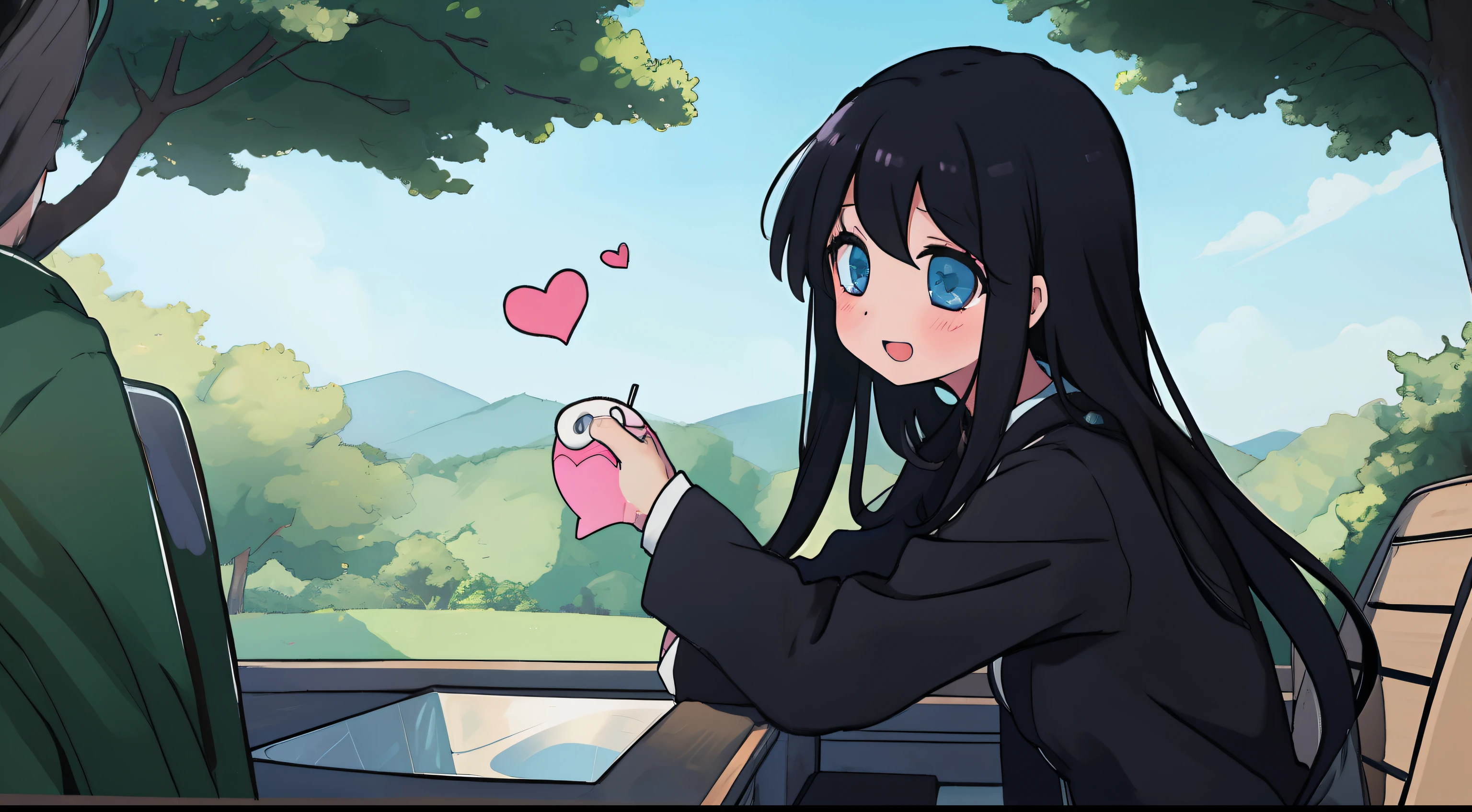 anime girl with long black hair, black dress, outdoors, dream, nerveus, love, happy, eyes heart shape, blush, from side