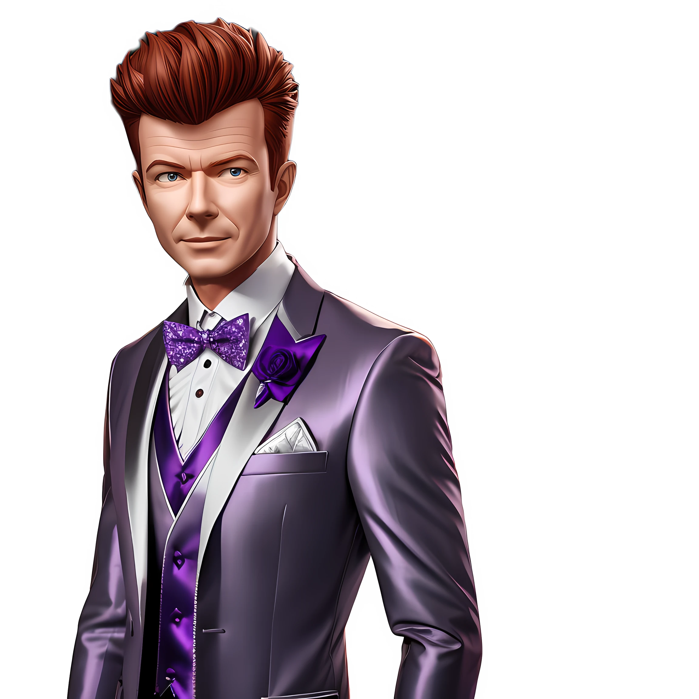 shiny silver white suit with purple bowtie super detailed with rose patterns