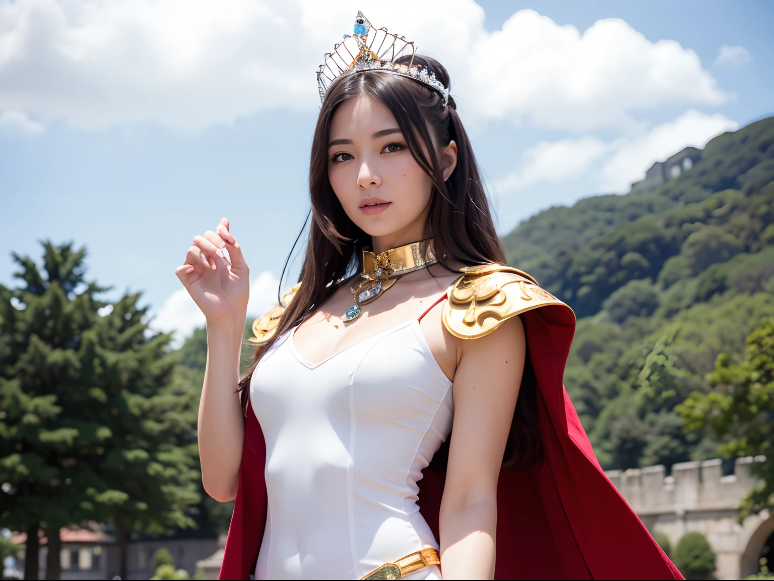 (masutepiece), Professional , ​masterpiece、top-quality、photos realistic , depth of fields （Gemstone Silver Metal Body:1.９),(Matte White、Jewel Gold Weapon、（Gorgeous castle background）、（ultimate beauty girl）、（Jewel Metal Body:1.４),Gorgeous Jewel Metal Weapons , Detailed Sword of the Brave ,（ Soldier background in metal armor）   ,warhammer 40k , adepta sororitas,Detail and ornate jewel crown、独奏、Black hair、（Gangle's forest background）、Beautiful Caucasian beauty、１a person、dynamic ungle,(((Diamond tiara with detail and luxury)))、a small face、A smile、Powerful poses、（Gorgeous castle background）、huge filesize、20 year old beautiful woman、Stand in the center of the screen、Thin female fingers、Straight long hair、Beautiful Caucasian beauty、Whole body、,Luminescent particles,light scattering,Tindall Effect、