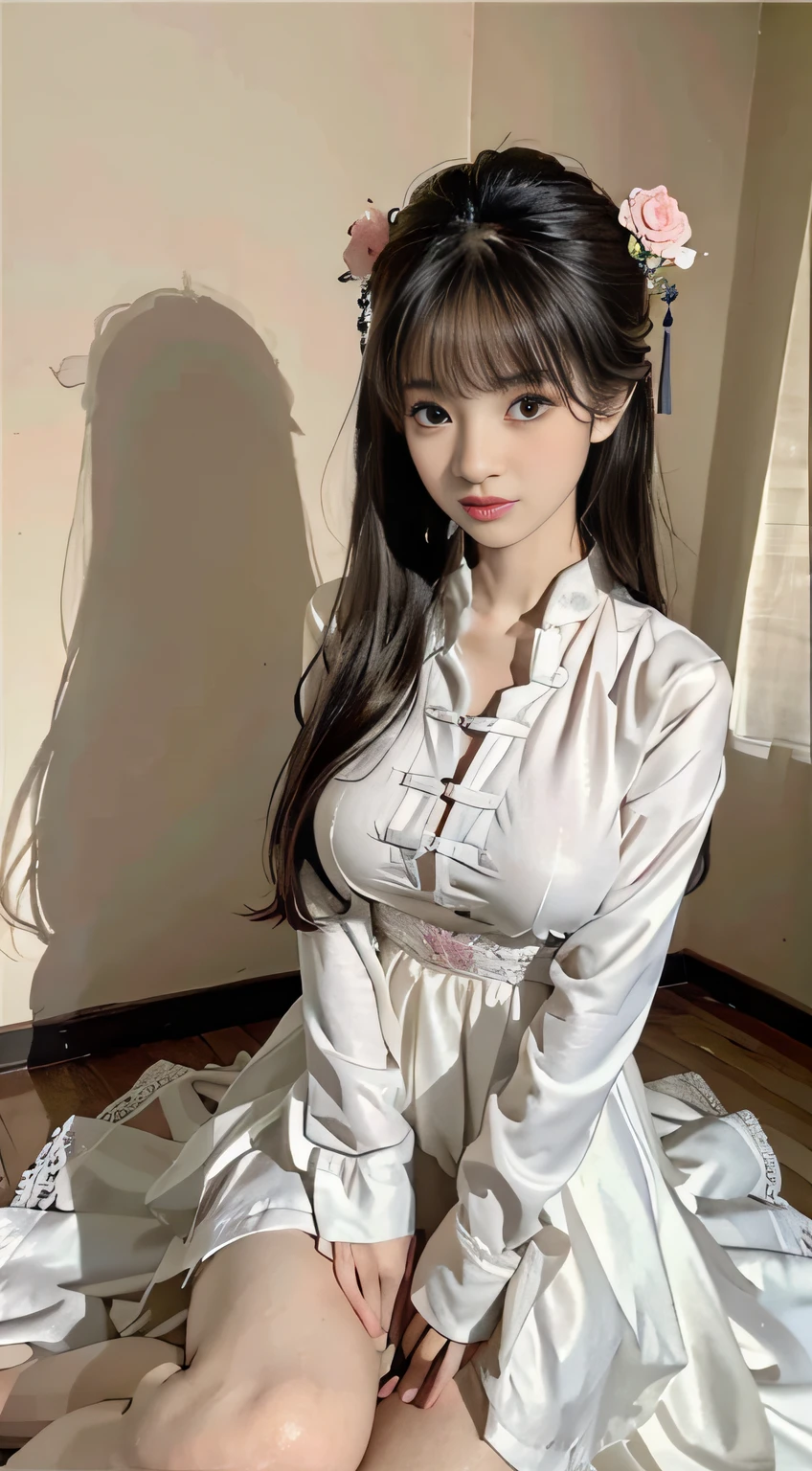 Master quality, highest quality, best picture quality, exaggerated details, a cute 8 year old asian little girl with a shy expression, slightly squinted eyes, adjusting her hair, long eyelashes (long hair / very, very exaggerated big breasts, big tits / in petticoat dress tissue, ), posing sit in front of the camera, wet breast hanfu, slim and tall waist, silk lace, xintong chen, with open v acient chinese clothes, cheast detail , lagre breast detail,