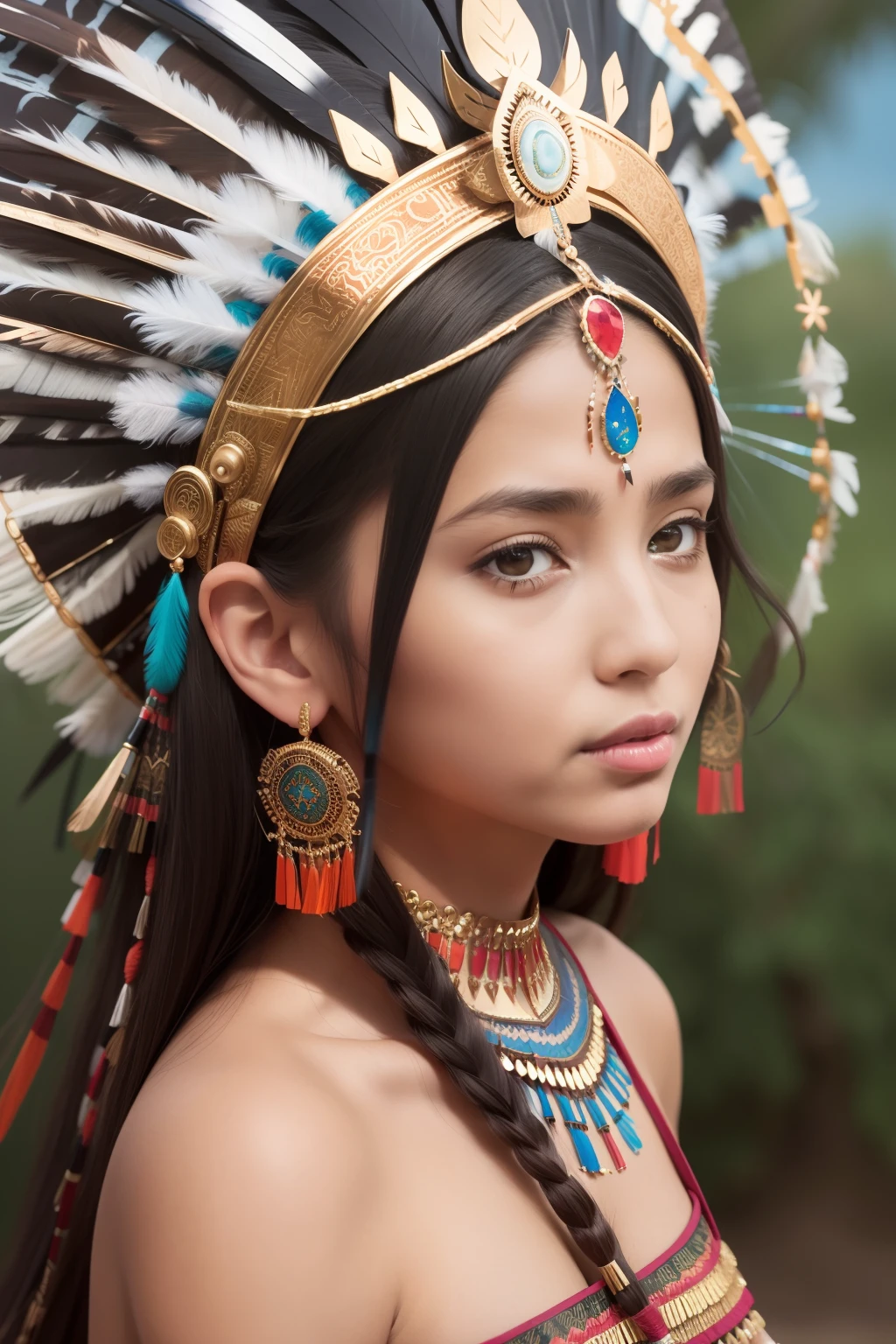 Allahed woman wearing a feather headdress with wings on her head,(((Painted surface))), aztec princess portrait, wearing crown of bright feathers, girl with feathers, Beautiful young woman shaman,Painted surface, She wears shaman's clothes, feathered headdress,sternum tattoo, ornate headdress, Young Women Shaman, Head dress, : Native American Shamen Fantasy, Central headdress,Painted surface.skin tanned,Clothes are wearing
