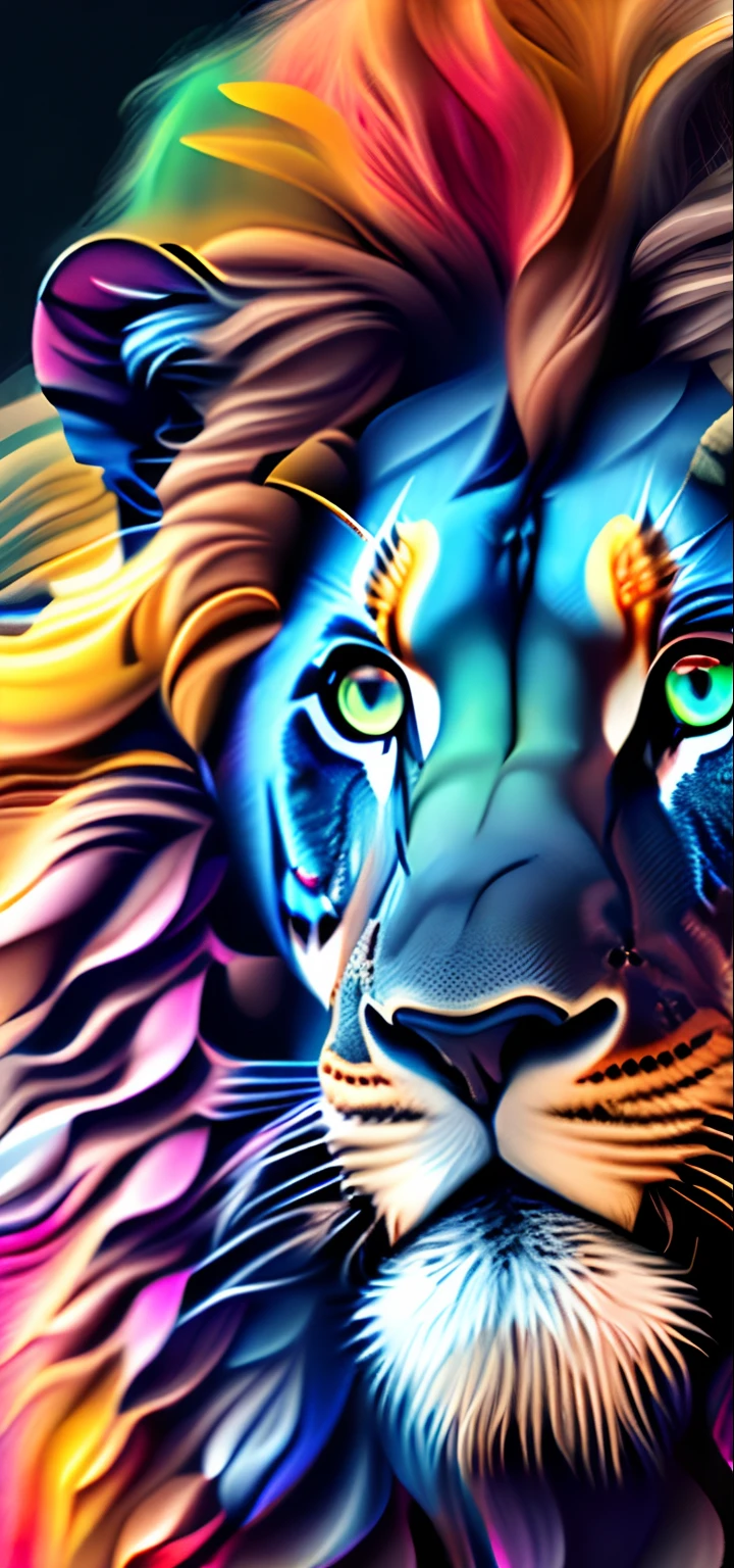 Ultra resolution 8K, A close-up of a lion's face against a dark background, A surreal colorful and flat design, coraje, My computer icon, detalles extremadamente altos, Charismatic beauty, dualidad primigenia, en un lienzo, perfect coloring, una imagen generada por ai, dibujo elegante,  coloreado vibrantemente