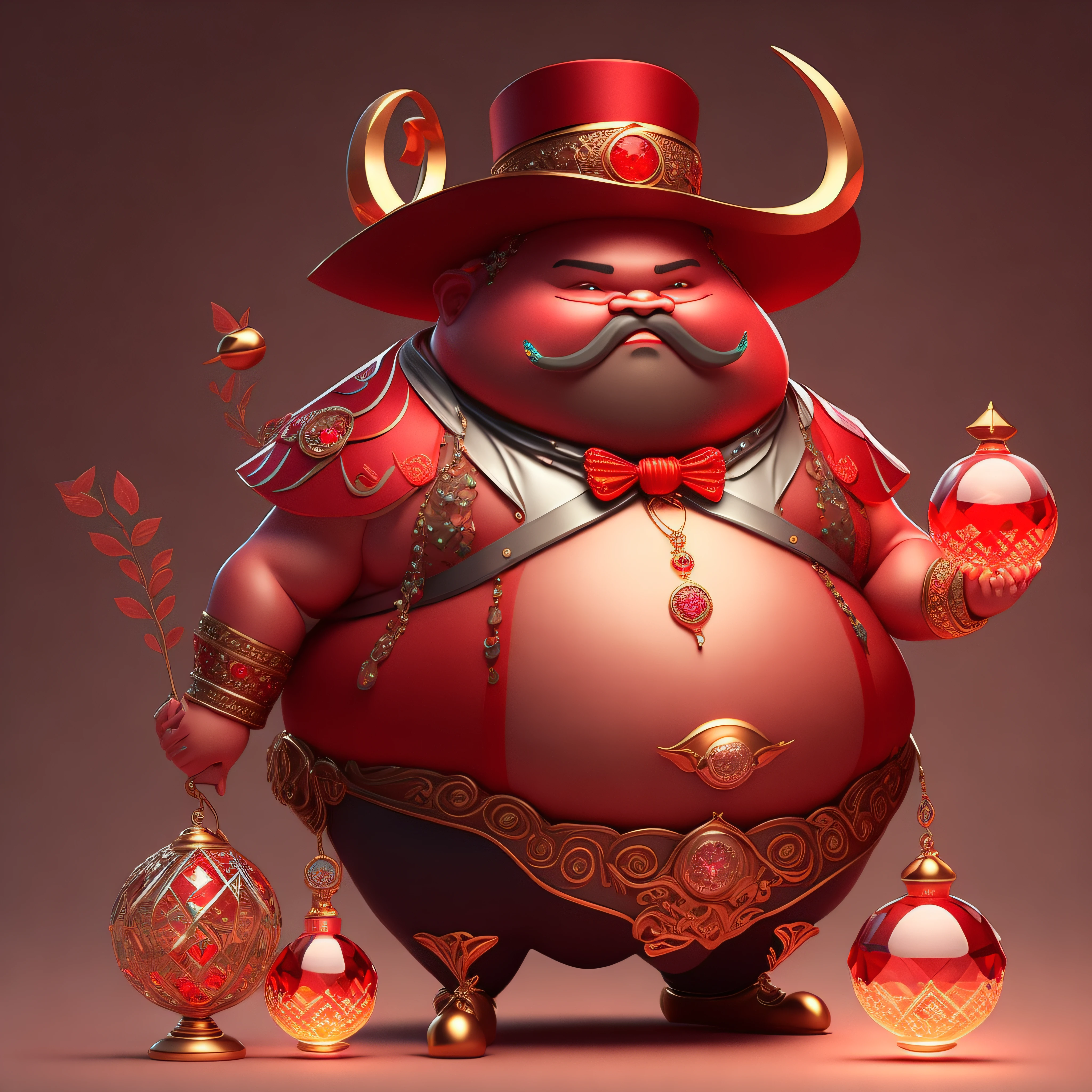 A fat guy with big belly, fedora hat on head, bow neck, lantern in hand, cute crystal ball red zodiac sign,Body adorned with various jewelry,Designed eyes low-poly,It's an intricate and highly detailed work of concept art,Using Artstation 8k quality。