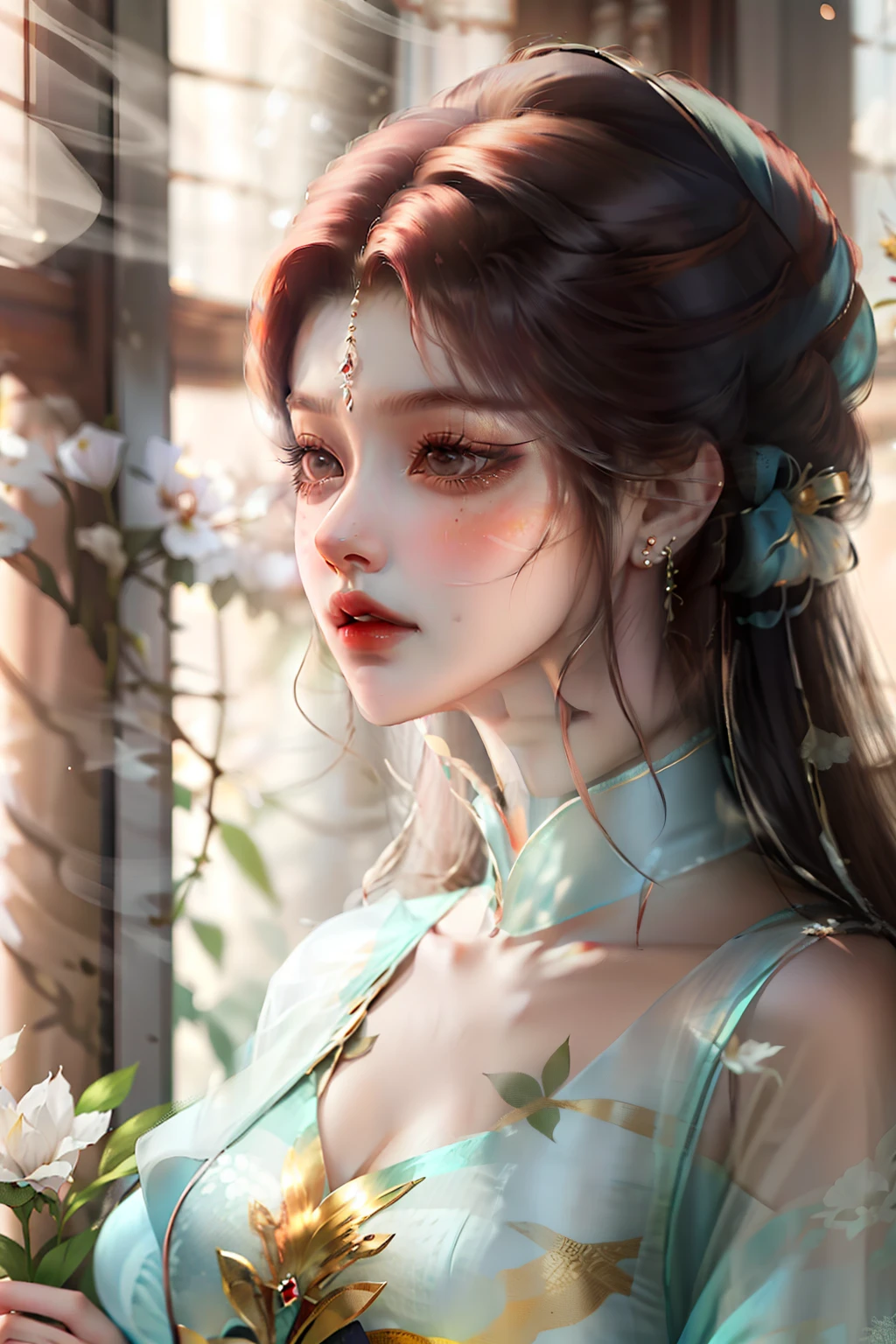 Arakfi woman holding a bouquet of flowers in her hand, soft light from the side, beautiful Korean women, Choi Hyun-hwa, Handsome girl, elegant profile pose,Angular