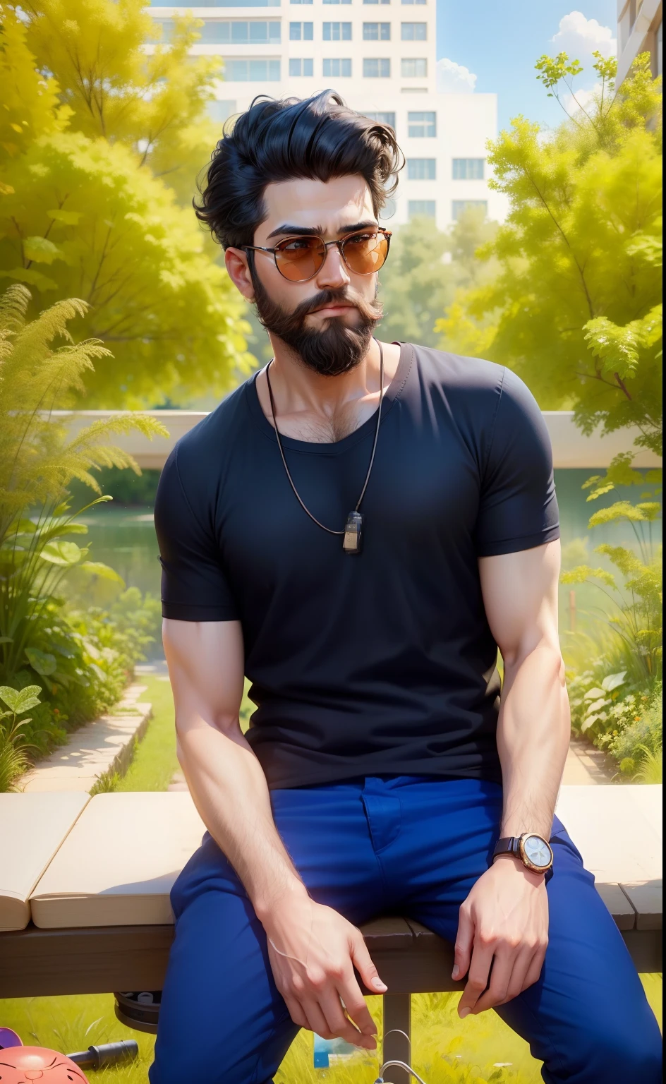 portrait of cutest indan illustration, artstation, CGI_Animation, handsome beard,hairstyl,e, round sunglass, sunglass,reflect blue light, hand mein iPhone, wire headphone , hyper realistic, 4k