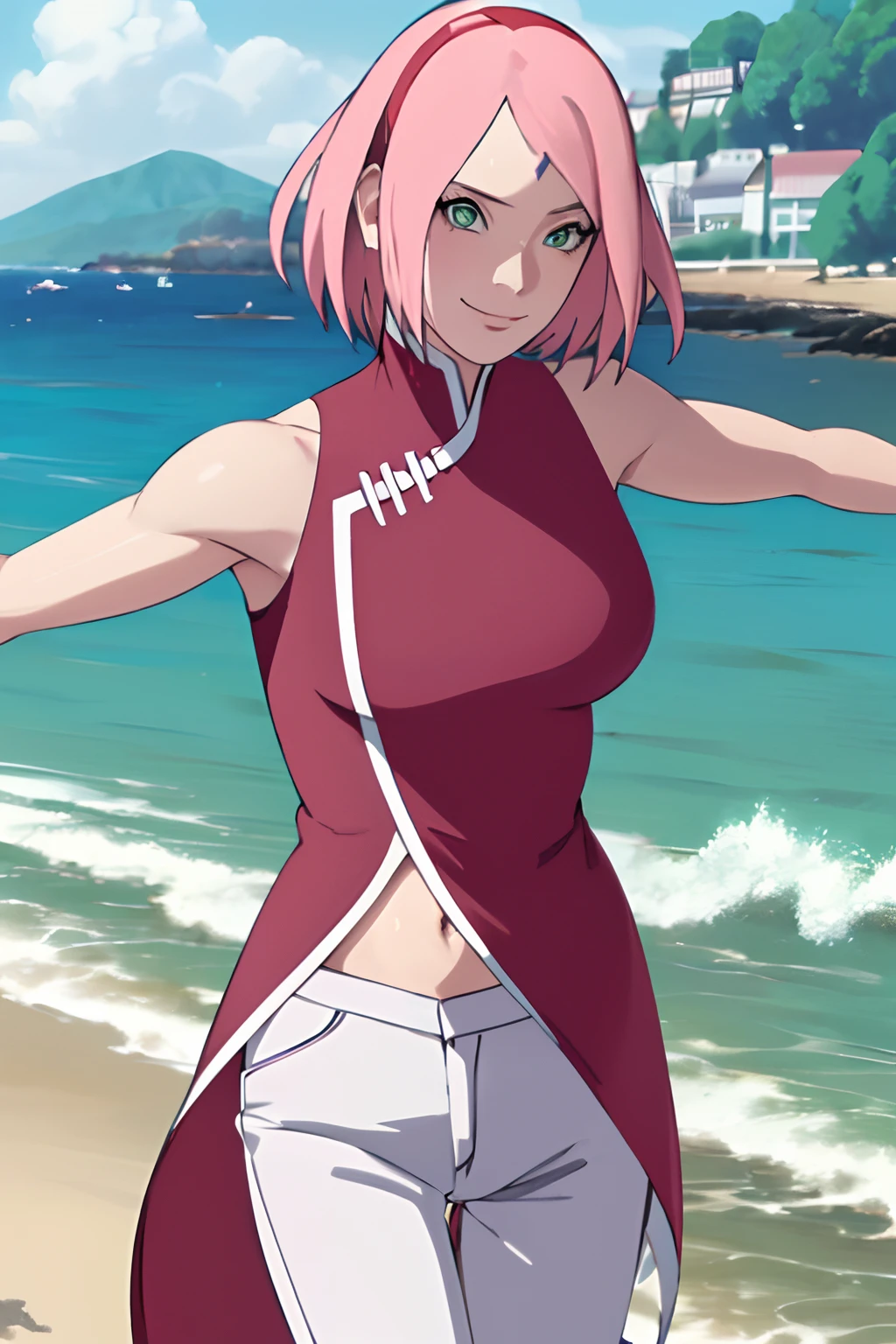 masterpiece, 1k, portrait, face shot, professional artwork, detailed beach background, intricate details, colorful, digital blending, (ultra detailed body, ultra detail hair, ultra detail face), trending on pixiv, kind smile, very hot color, best quality, anime style: 1.9, 1girl, hires, haruno sakura, (forehead mark, milf, red hairband, pale skin, short hair, ((red sleeveless dress), white pants), navel, groin, bracelet, pink hair, green eyes, smile, beach, wind, floating hair, detailed arms, off-shoulders, slightly muscular arms, standing)