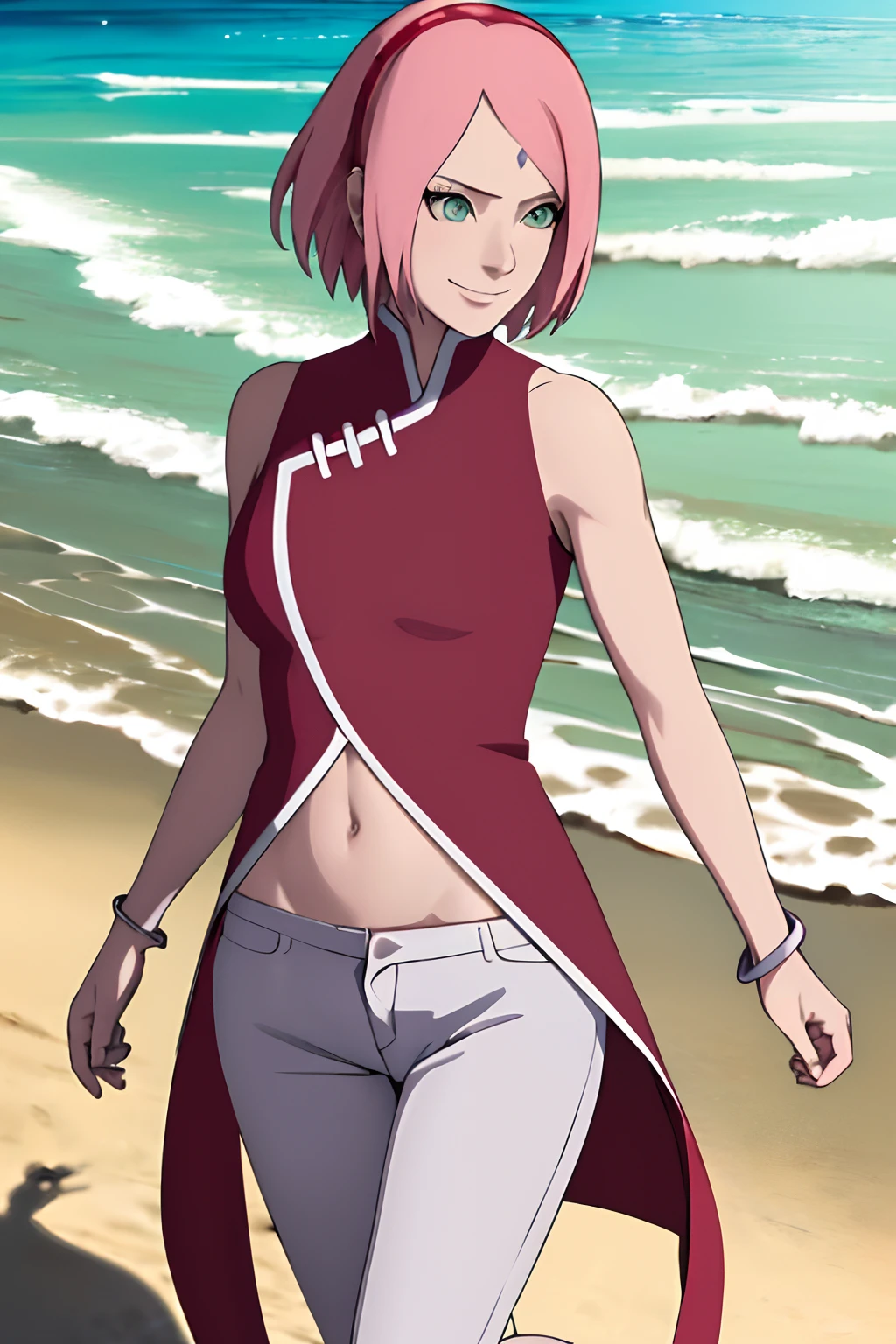 masterpiece, 1k, sharp focus, professional artwork, detailed beach background, intricate details, colorful, digital blending, ultra detailed body, ultra detail hair, ultra detail face, trending on pixiv, kind smile, very hot color, best quality, anime style: 1.9, 1girl, hires, haruno sakura, contrasty lighting, (forehead mark, milf, red hairband, pale skin, short hair, (red sleeveless dress, white pants), navel, groin, bracelet, looking at viewer, crossed arms, smile, beach, wind, floating hair, detailed arms, off-shoulders, slightly muscular arms, standing), sunnyday