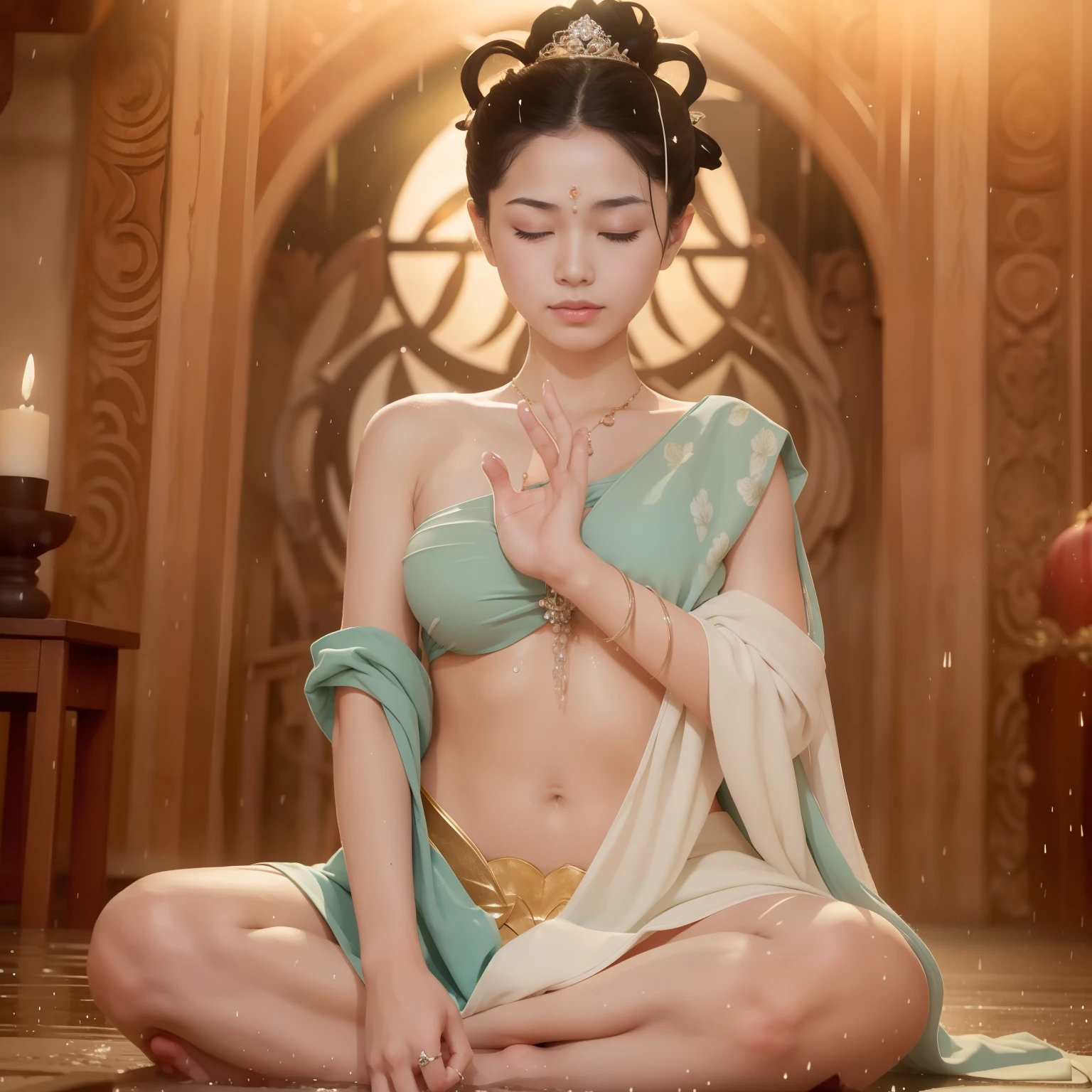 Zen naked Princess soaked in sweat does yoga lotus sitting meditation in the rain of heavy ，（Complete, Delicate and good-looking face），Cover the entire face，Fill the whole body with