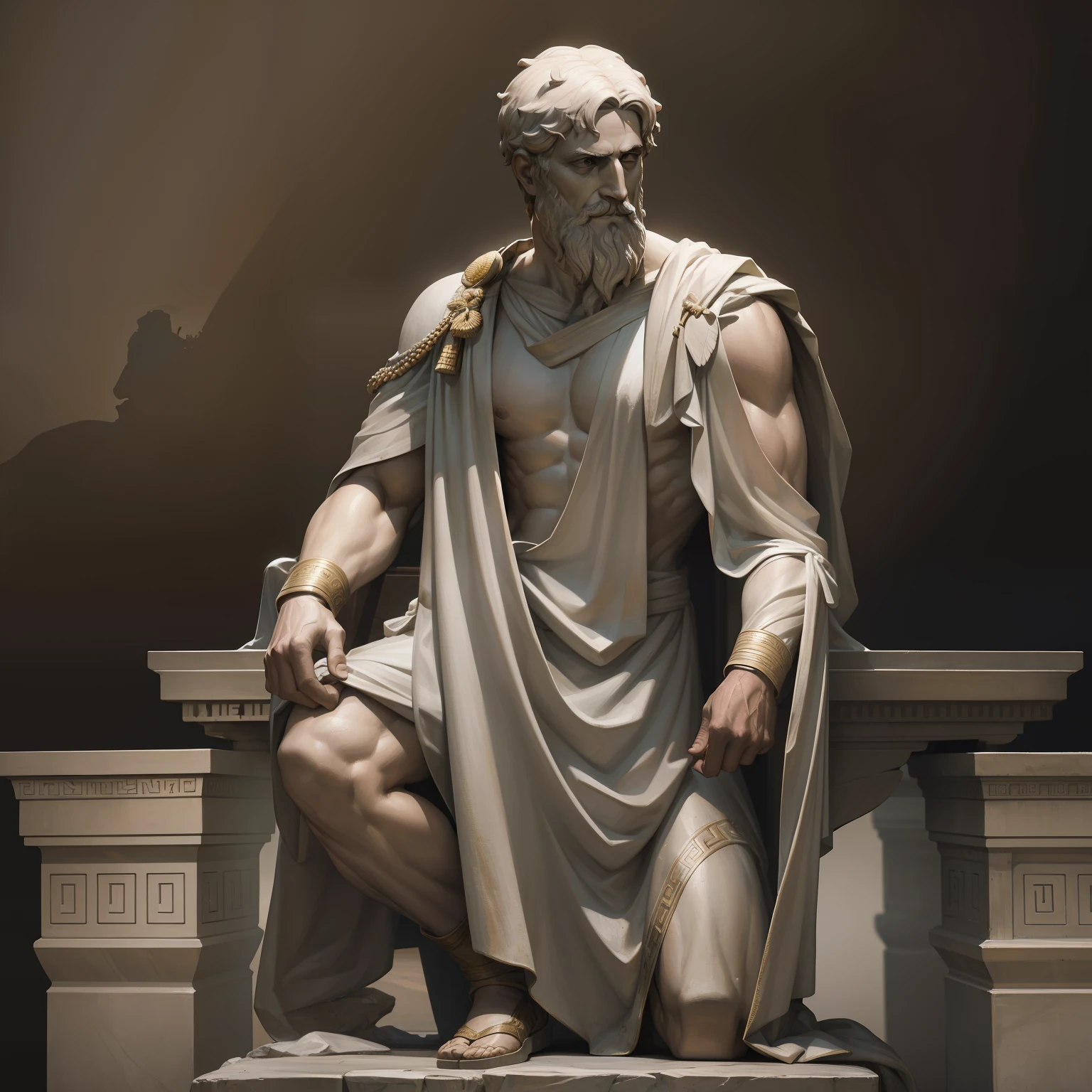 A statue of a Greek man standing, realistic statue of brave Aristotle wearing a toga, fundo neutro, Moody, , fotorrealista, super detalhada, Hiper realista, fundo escuro, 8 mil