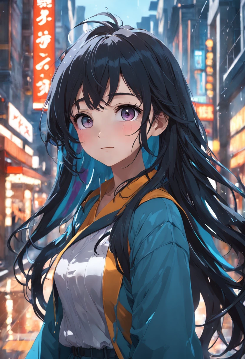 (8K, Best Quality, Masterpiece: 1.2), (Realistic, Realistic: 1.37), Super Detailed, Best Quality, Ultra High Resolution, Professional Lighting, Photon Mapping, Teleportion, Physically Based Rendering, Film Lighting, Pedestrian Street, Rainy Depth of Field, Clear Focus, Sunlight, Good Composition, (Bokeh: 1.2) 1girl, Solo, (Close Up View), Beautiful Detailed Eyes, Smiley Face, Pose, Narrow Waist, Mid-Chest, (Random colorful clothes ), black hair, messy hair, long hair fluttering in the wind, (ulzzang-6500:1.2)