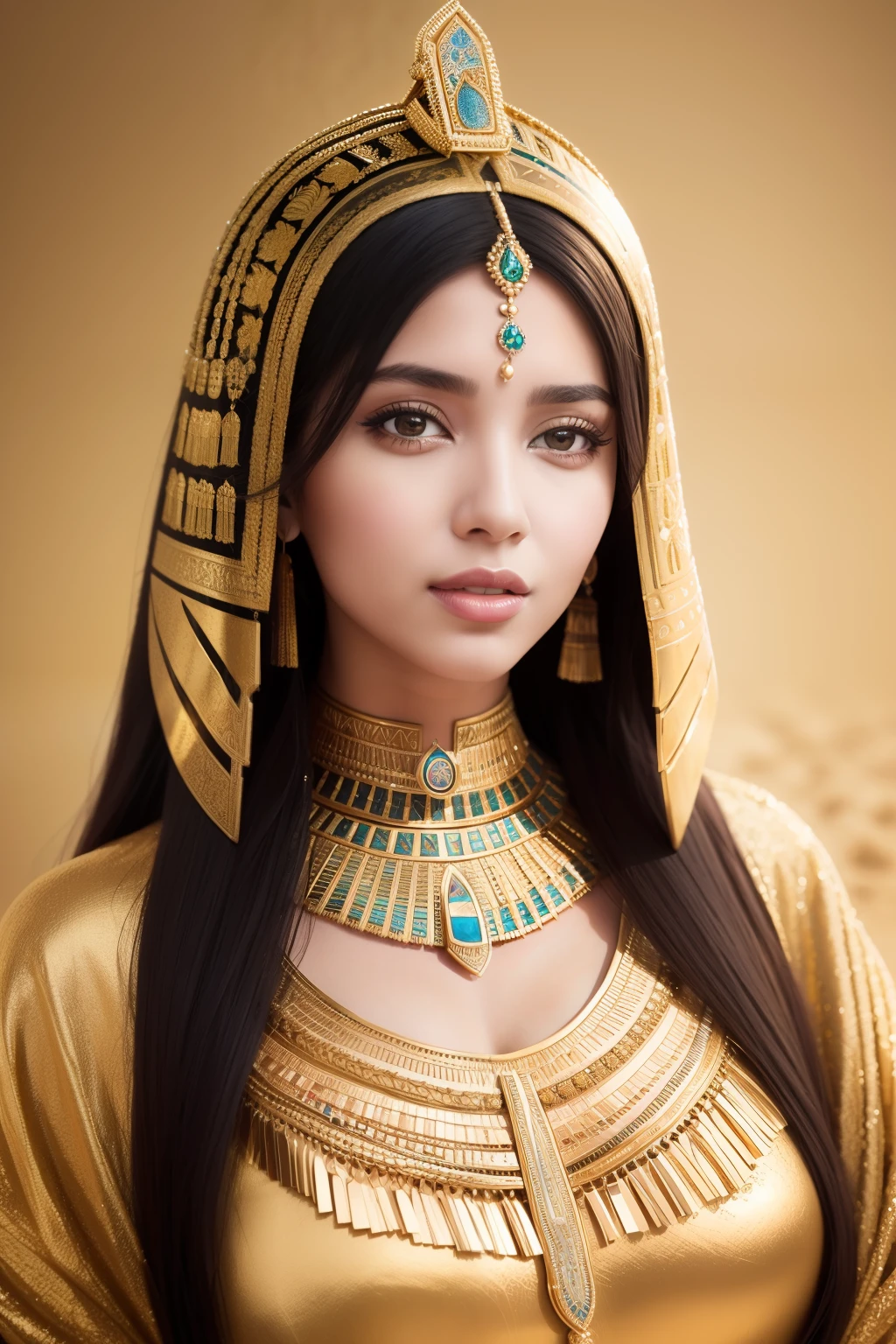 There's a young woman, Egyptian dynasty, ancientry, Arab women, cleoopatra, Dramatic portrait of Namen Ross, color photo portrait 4k, 8k artistic portrait photography, Anthropological picture, portrait shot, portrait shot 8 k, Queen of the Desert, Portrait of a beautiful woman,golden ornament,a smile