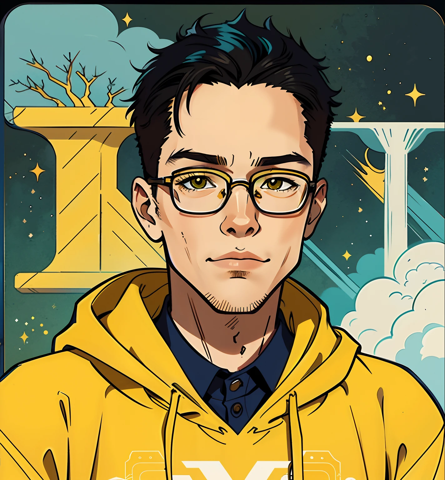 There was a man with glasses and a yellow hoodie, Selfie Photos, Leng Jun, 20yr old, cool guy,illustration,patterned