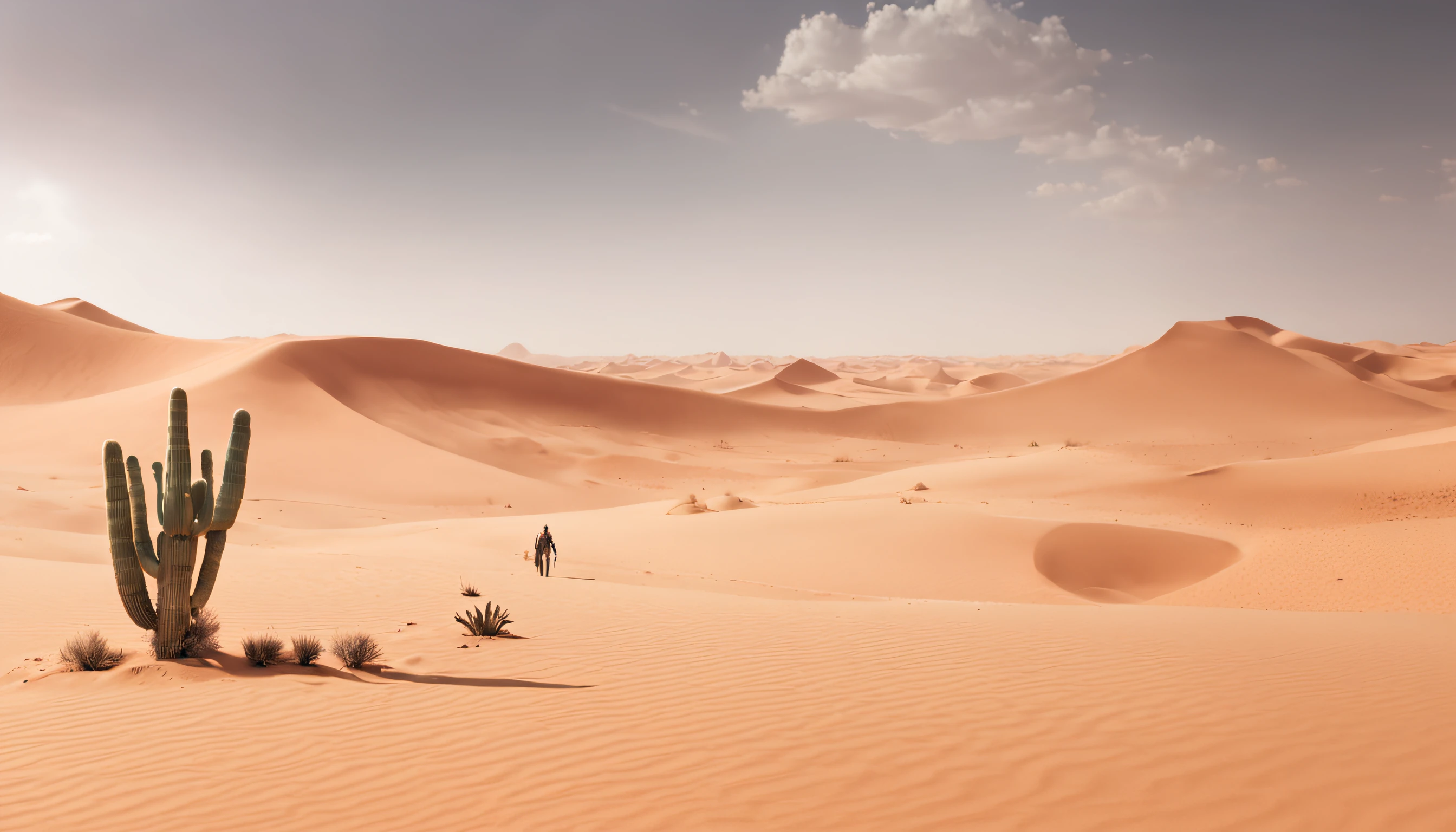 concept-art ((Vast desert)),oasis in the desert.Desert cactus ,sprawling,Empty,(Sand),(NOhumans),desolated,blurryforeground,depth of fields,k hd,Detailed details,Best picture quality,Light and shadow effects,Movie special effects, Digital artwork, illustrated, painting of a, Matte painting, Highly detailed,A mirage in the distance