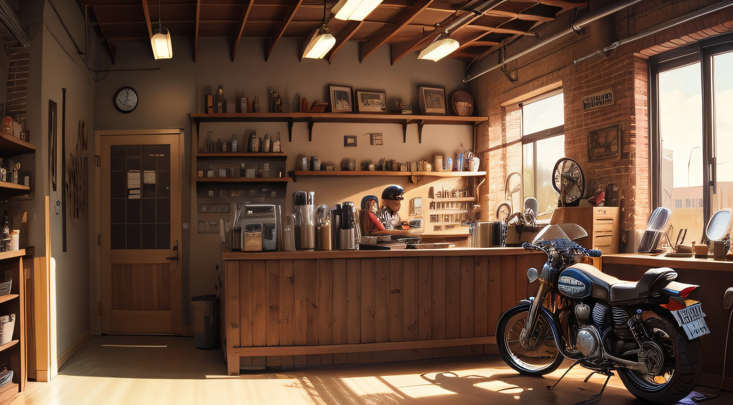 cartoon , super wide a interior close one coffee counter of a motorcycle repair shop downtown
