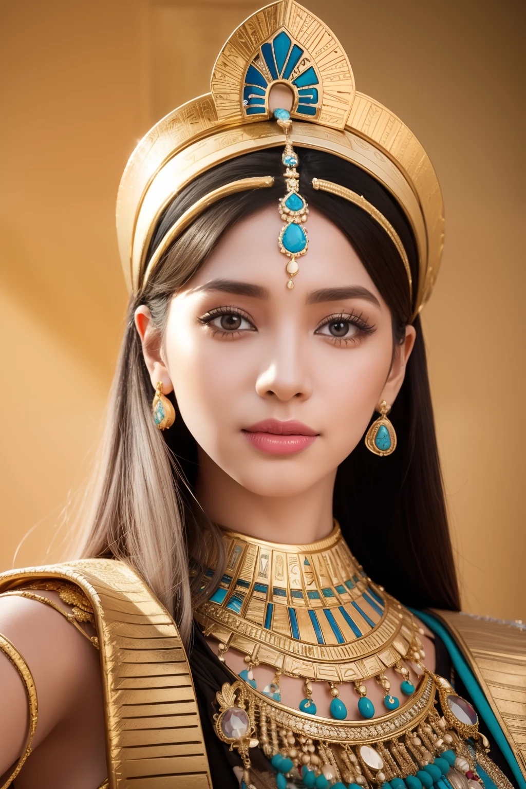 There's a young woman, Egyptian dynasty, ancientry, Egyptian women, cleoopatra, Dramatic portrait of Namen Ross, color photo portrait 4k, 8k artistic portrait photography, Anthropological picture, portrait shot, portrait shot 8 k, Queen of the Desert, Portrait of a beautiful woman,golden ornament,a smile,Ancient Egyptian costume mustard squirrel, necklaces containing turquoise,, a smile