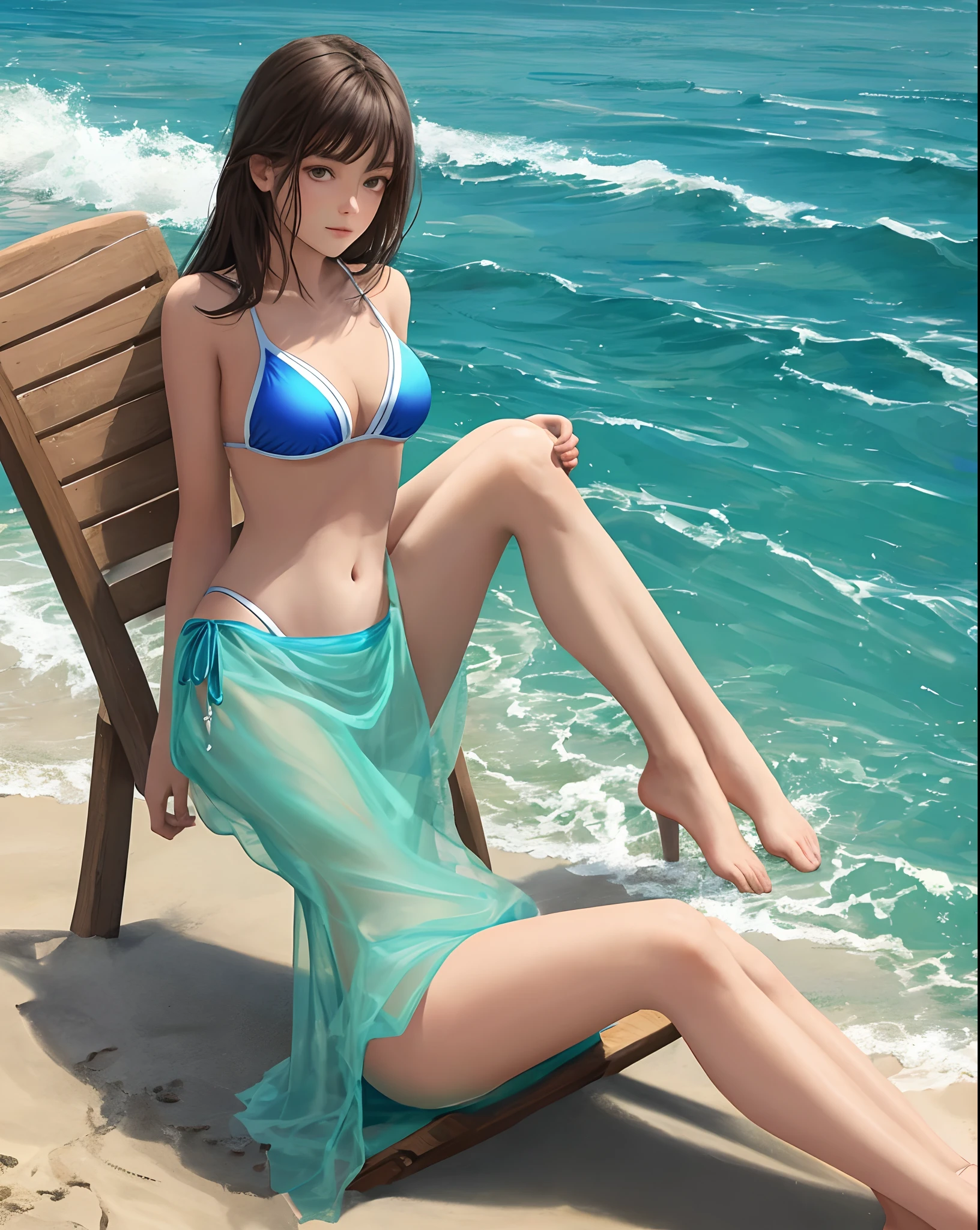 Girl sitting on the beach in a swimsuit