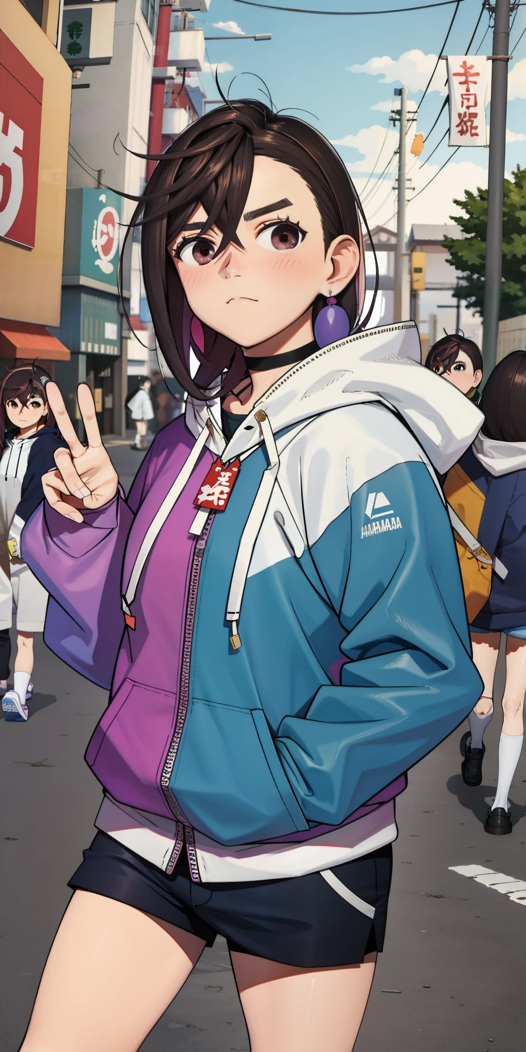 Momo_ayase, wearing hoodie and shorts, in asakusa.