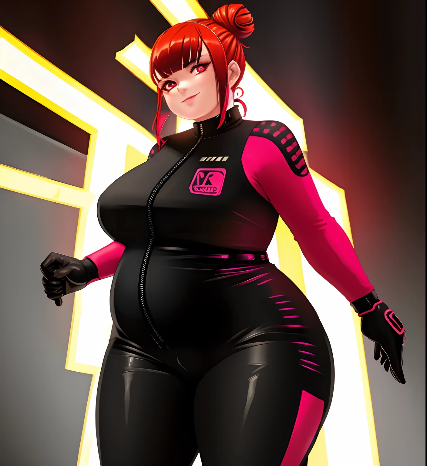 (high_aesthetic:1.3)
(solo, 1girl)
Mechanic jumpsuit 
standing, cowboy shot
fat, (apple_shaped_body:1.2),  belly)
red hair, tied back bun, red eyes
cyperpunk, city, neon signs
smile, looking at viewer