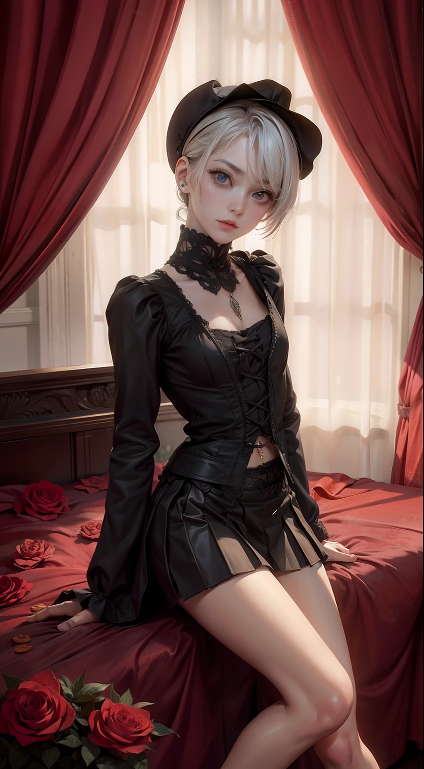 (((Top Quality: 1.4))),(Unparalleled Masterpiece), (Ultra High Definition),(Ultra-Realistic 8k CG),art by Luis Royo, 23-year-old gothic punk girl, detailed cute face, white hair, gothic punk fashion, highly detailed gothic fashion, shot skirt, heavy make up,),(dark red lipstick), size, London mansion background, Backlight effect, lens flare, depth of fields, blurry backround,Detailedface,1 girl, Detailed eyes, (bob cut hair:1.5), hair bangs,(thigh up shot image :1.5),