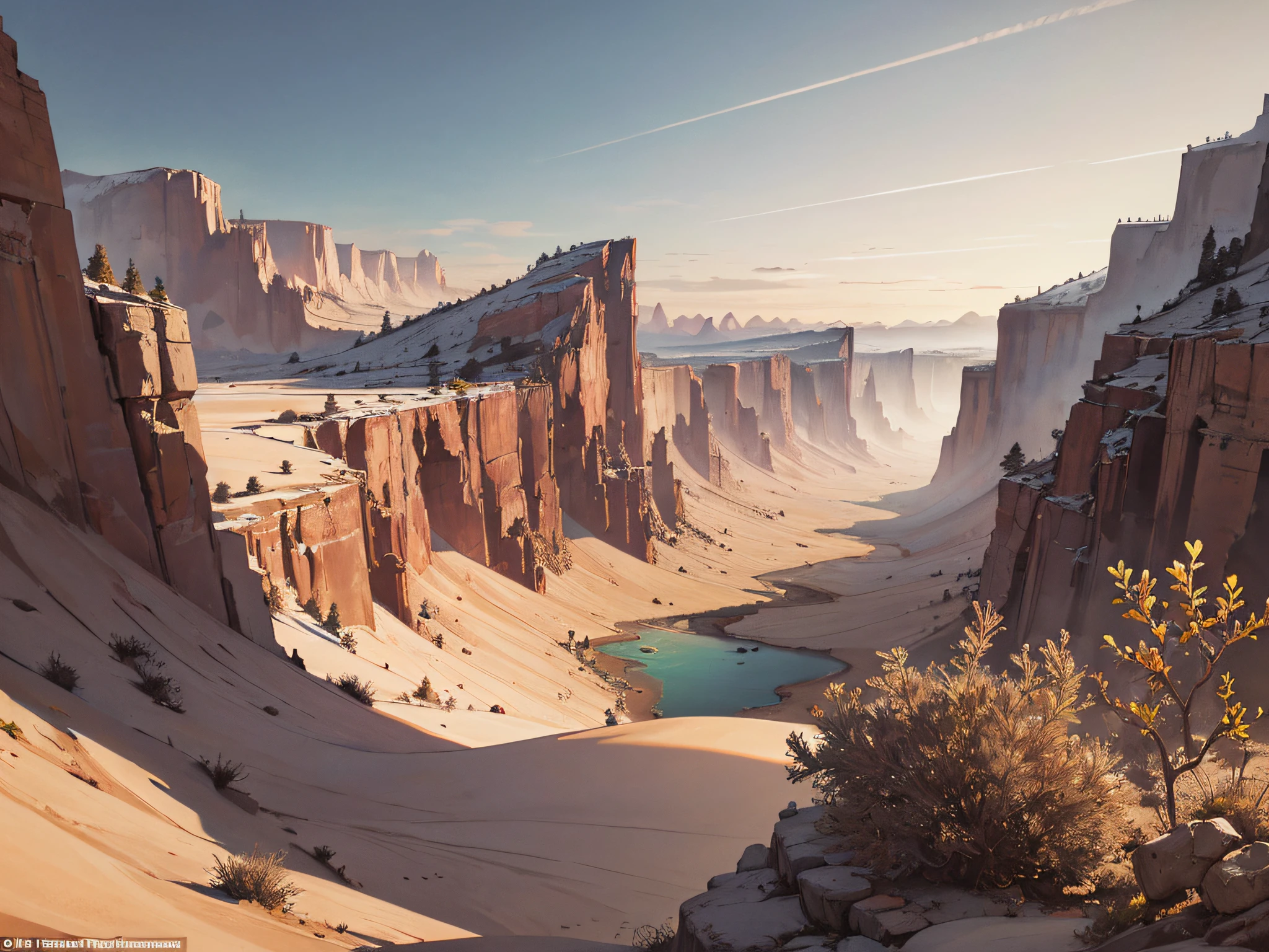 masterpiece, Expansive landscape photograph, (view from below with a view of the sky and the wilderness below), desert, oasis, intricate detail, volume lighting BREAK (masterpiece: 1.2), (highest quality ), 4k, ultra-detailed, (dynamic configuration: 1.4), (iridescent: 1.2), no humans