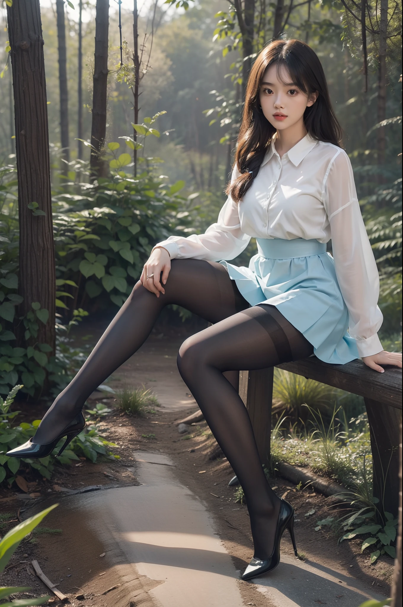 (full body:1.5)，(1girl:1.3),(view the viewer:1.4)，(anatomy correct:1.3),(sitting in the forest:1.2),(Wearing a school Style Dress:1.2),(Opaque pantyhose:1.3),( girl pointed thick heels :1.1)，(Accurate and perfect face:1.3),(Long legs:1.3),hyper HD, Ray traching, reflective light， structurally correct, Award-Awarded, high detail, lighten shade contrast, Face lighting ，cinematic lighting, masterpiece, super detailing, high quality, high detail, best quality, 16k，High contrast,